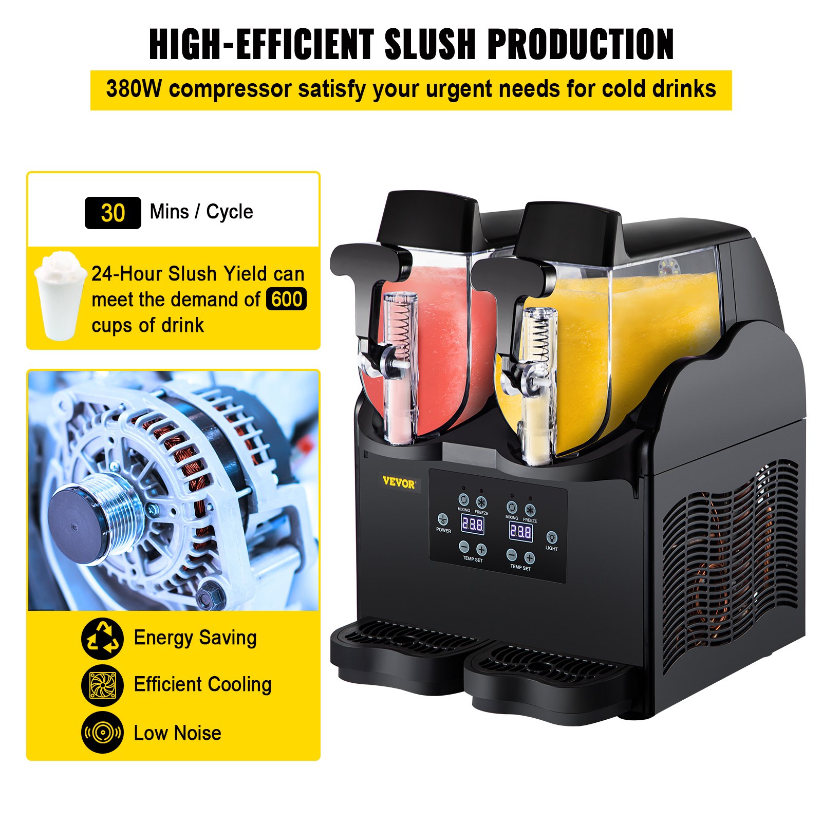 VEVOR Slush Frozen Drink Machine, 2x2.5L Tank Commercial Margarita Machine, 380W Black Margarita Slush Maker, Temperature Slush 26°F to 28°F Drink Maker, Perfect for Home Restaurants Cafes Bars