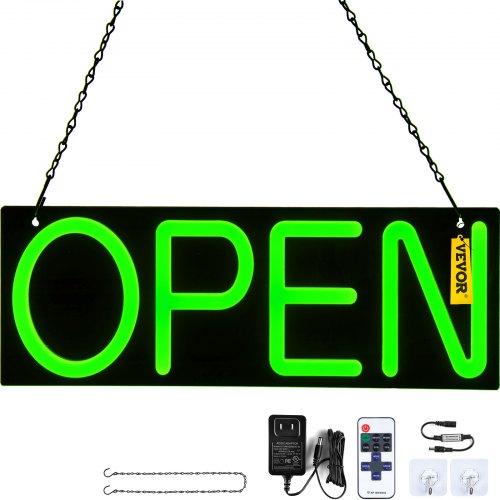 VEVOR LED Open Sign, 20" x 7" Neon Open Sign for Business, Adjustable Brightness Green Neon Lights Signs with Remote Control and Power Adapter, for Restaurant, Bar, Salon, Shop, Hotel, Window, Wall