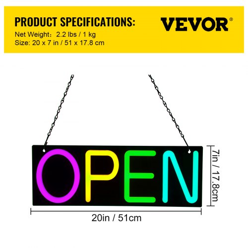 VEVOR LED Open Sign, 20" x 7" Neon Open Sign for Business, Adjustable Brightness Multi-Color Neon Lights Signs with Remote Control and Power Adapter, for Restaurant, Bar, Salon, Shop, Hotel, Window
