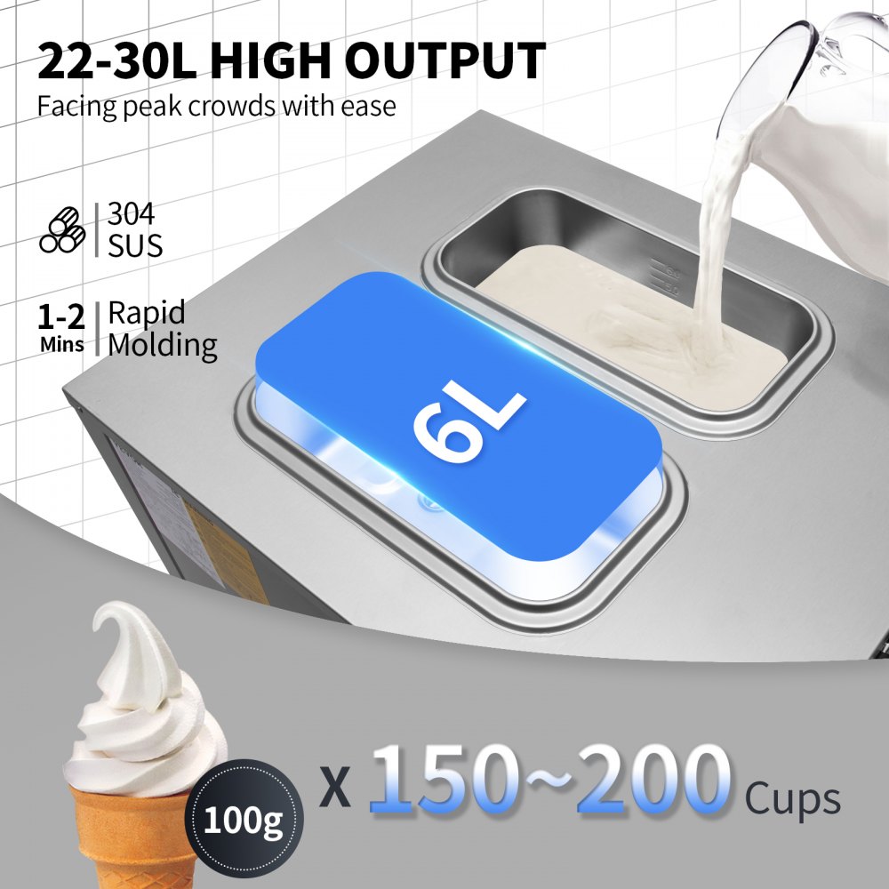 VEVOR Commercial Ice Cream Maker, 22-30L/H Yield, Countertop Soft Serve Machine with 2x6L Hopper 2L Cylinder LCD Panel Puffing Shortage Alarm, Frozen Yogurt Maker for Restaurant Snack Bar, Silve