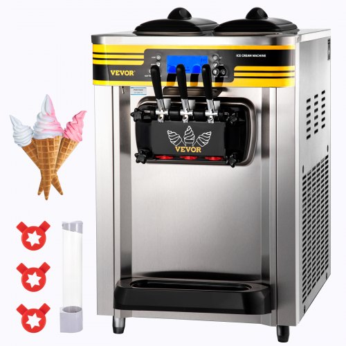 VEVOR Commercial Ice Cream Maker, 22-30L/H Yield, 2350W Countertop Soft Serve Machine with 2x6L Hopper 2L Cylinder LCD Panel Puffing Shortage Alarm, Frozen Yogurt Maker for Restaurant Snack Bar, Silve