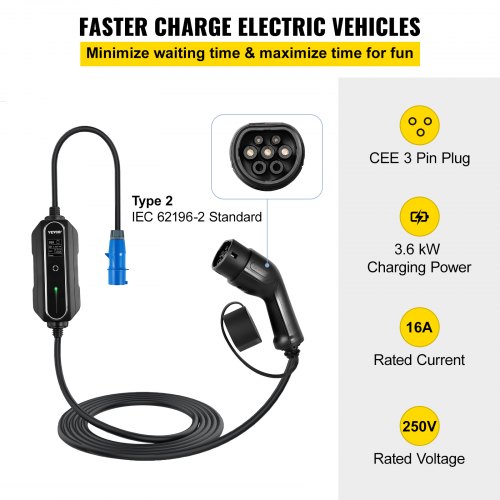 VEVOR Portable EV Charger, Type 2 16A, Electric Vehicle Charger 7.5 Metre Charging Cable with CEE 3 Pin Plug, Digital Screen, 3.6 kW WaterProof IEC 62196-2 Home EV Charging Station with Carry Bag, CE