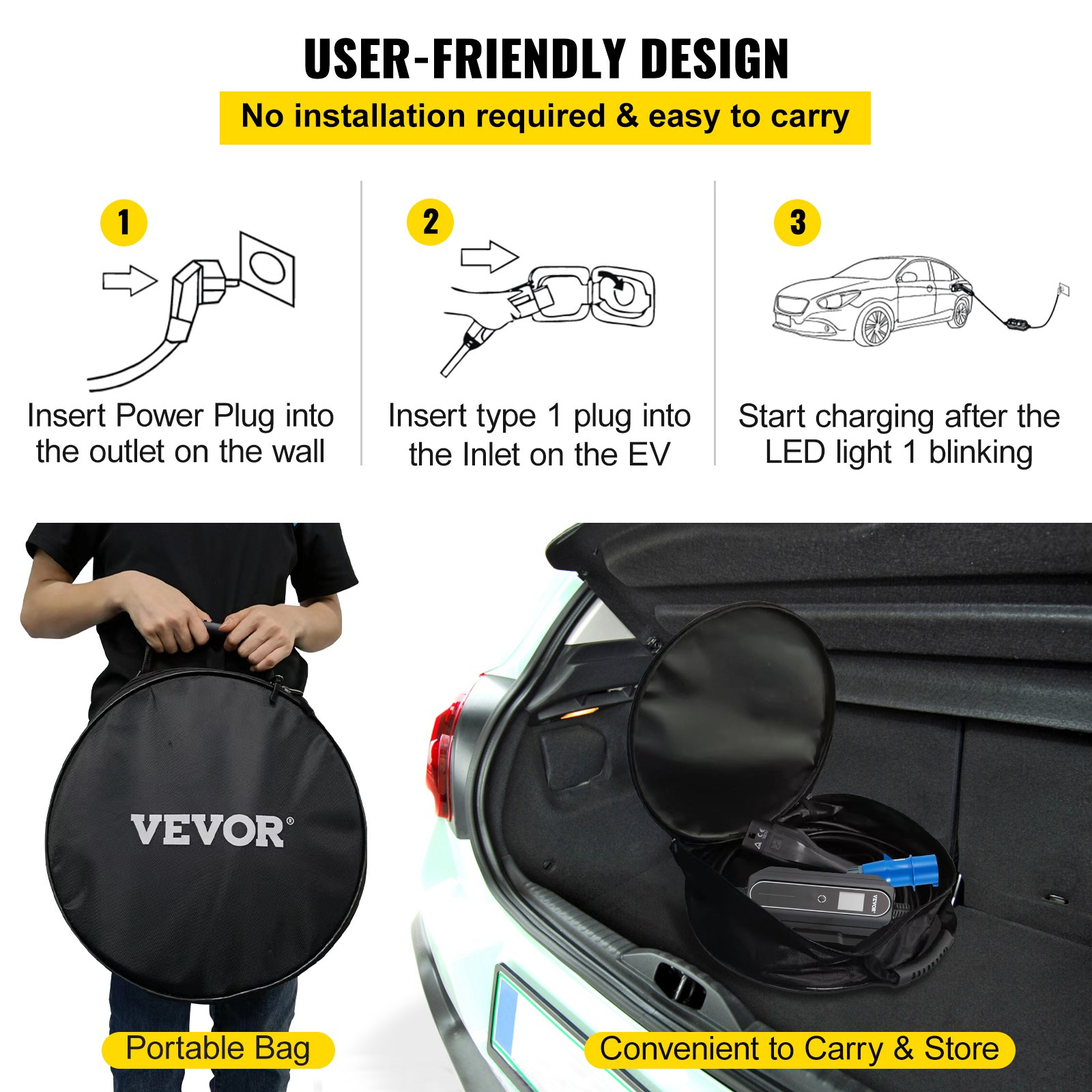 VEVOR Portable EV Charger EV Charging Cable Type 2 CEE 3 Pin Plug 16A 7.5m w/Bag