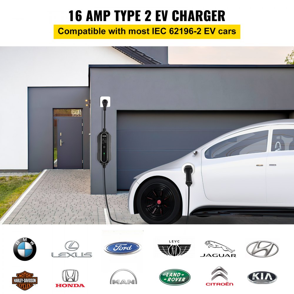 VEVOR VEVOR Portable EV Charger Type 2, 16A 3.7 kW, Electric Vehicle Car  Charger with 28 ft Charging Cable CEE 7/7 Plug, IEC 62196 Home EV Charging  Station with Storage Bag Charging