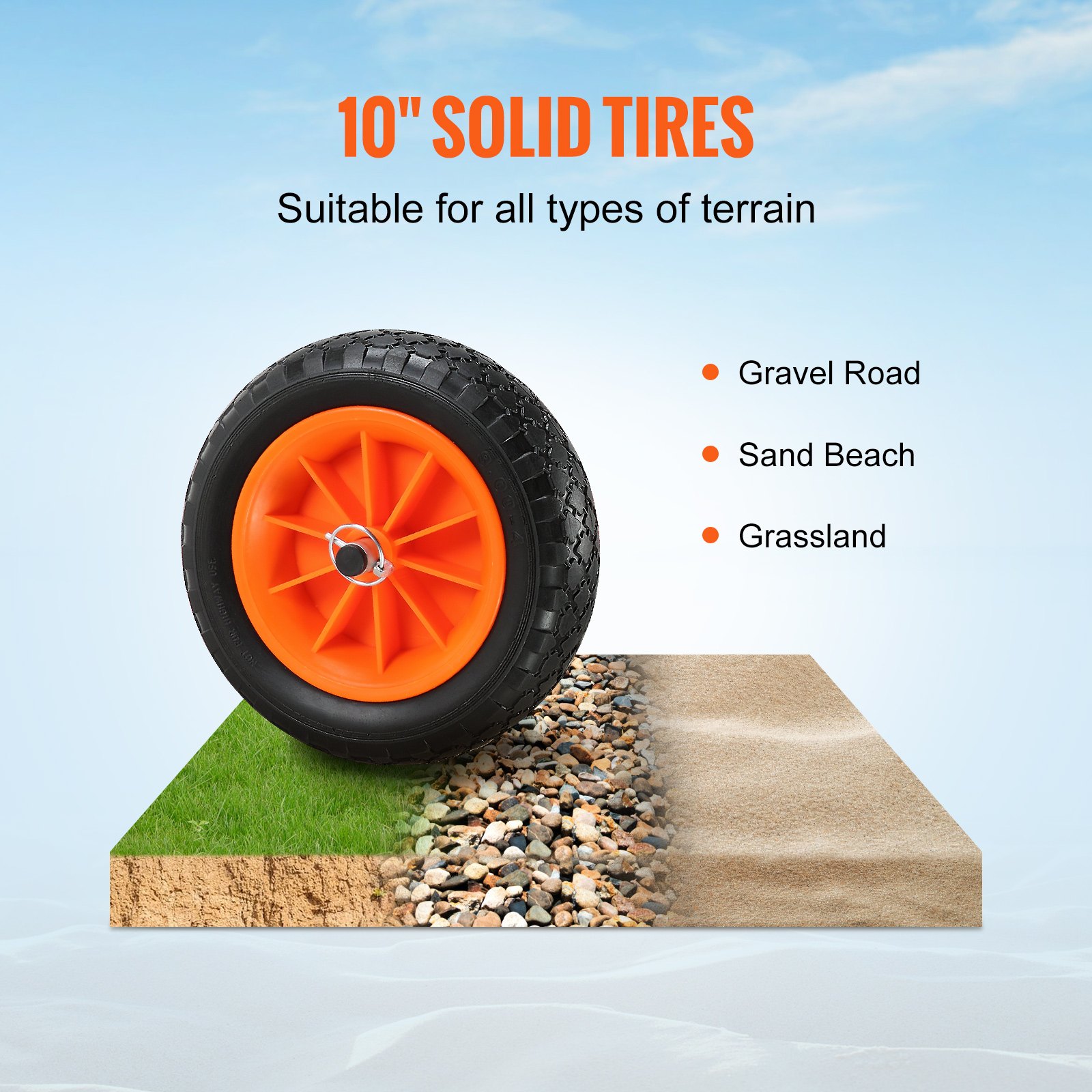 10&quot; solid tires of VEVOR kayak cart suitable for gravel, sand, and grass terrain.