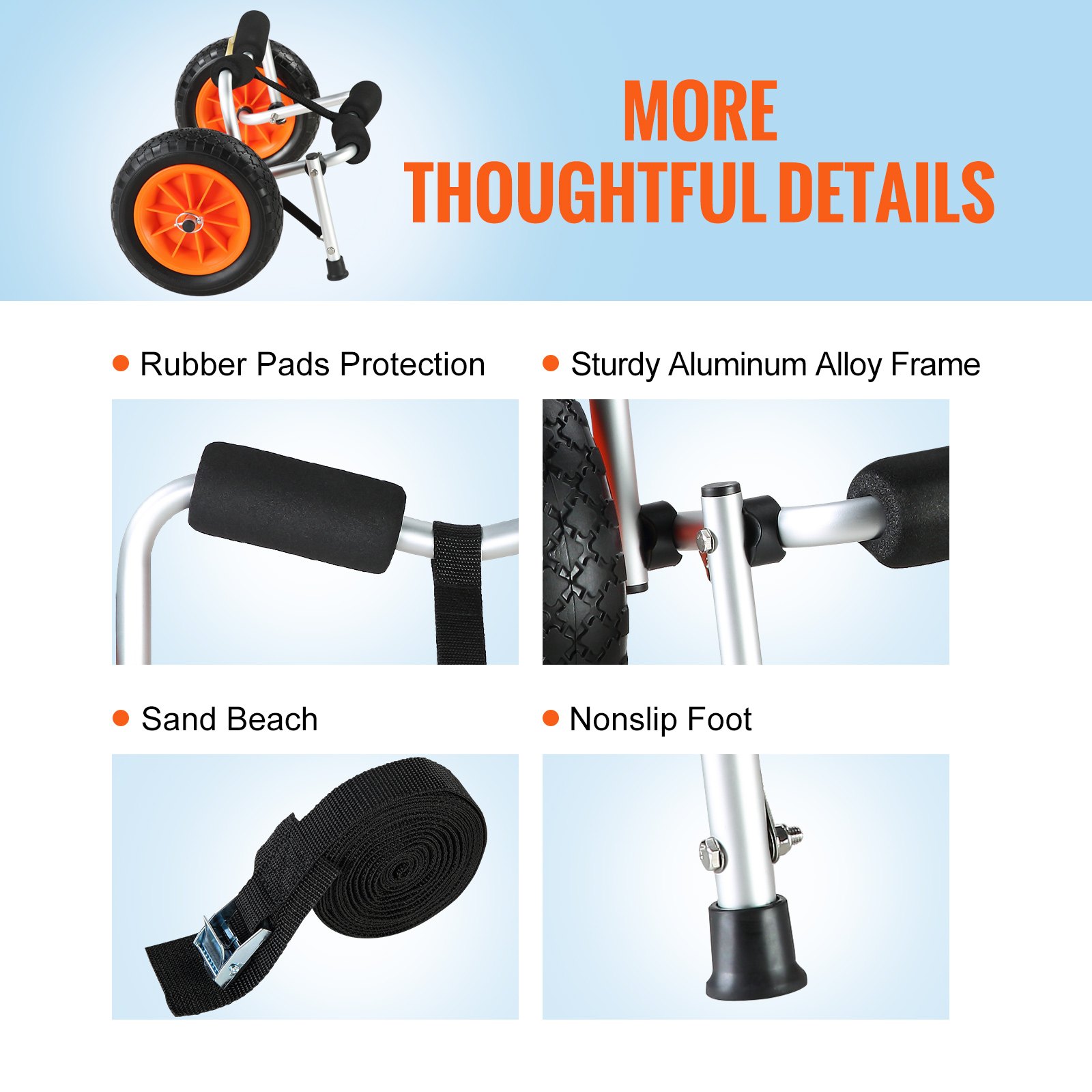 VEVOR kayak cart with rubber pads, aluminum alloy frame, nonslip foot, sand beach strap.