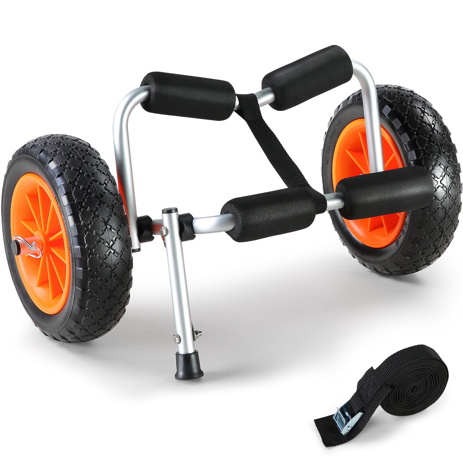 VEVOR kayak cart with padded frame, orange wheels, and a black strap for secure and easy transportation.