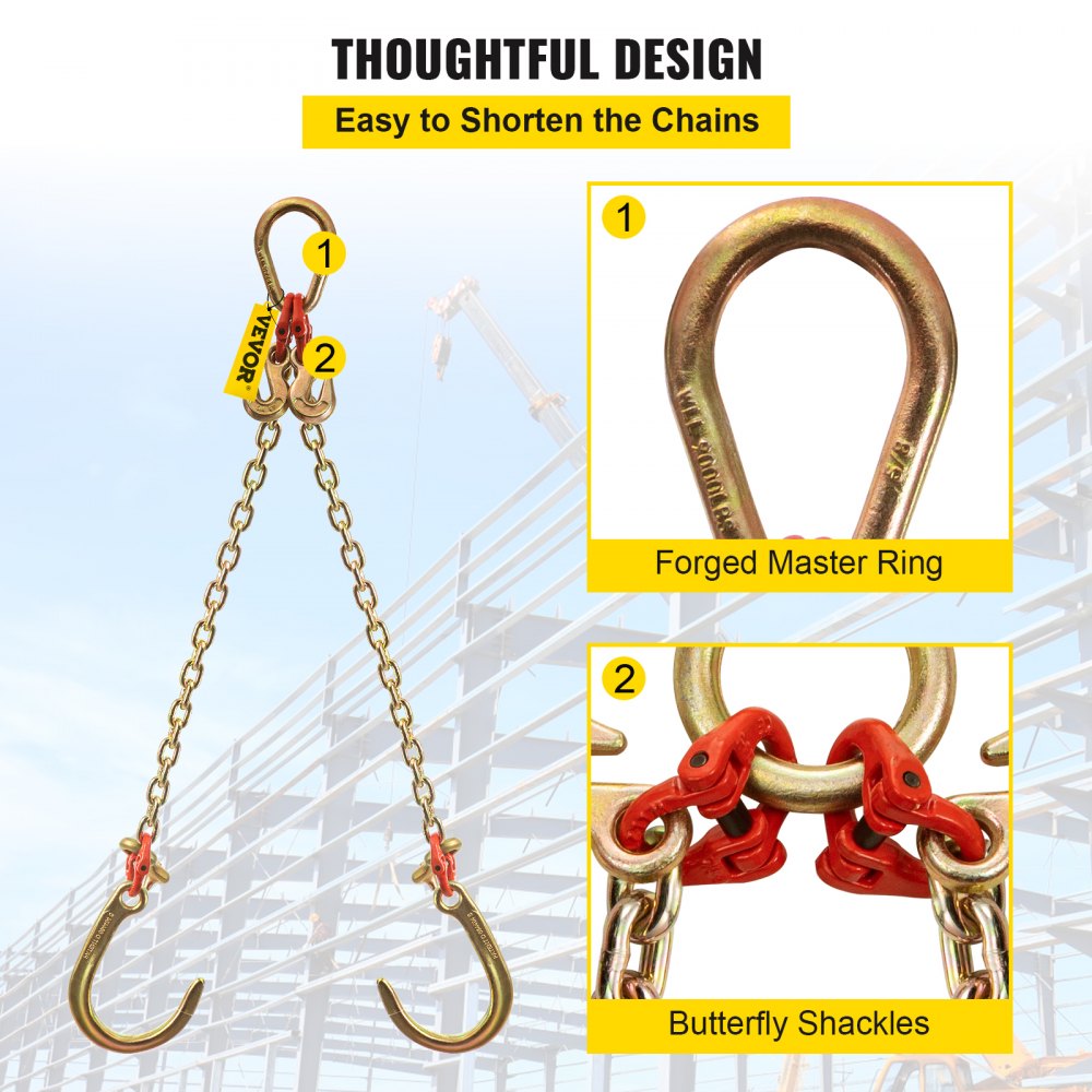 VEVOR J Hook Chain, 5/16 in x 2 ft Tow Chain Bridle, Grade 80 J Hook Transport Chain, 9260 Lbs Break Strength with JT Hook & Grab Hook, Tow Hooks for Trucks, Heavy Duty J Hook and Chain Shorteners