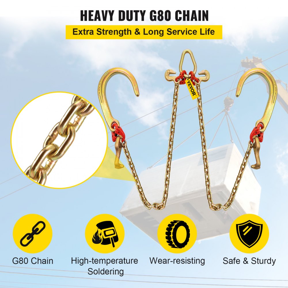 VEVOR J Hook Chain, 5/16 in x 2 ft Tow Chain Bridle, Grade 80 J Hook Transport Chain, 9260 Lbs Break Strength with JT Hook & Grab Hook, Tow Hooks for Trucks, Heavy Duty J Hook and Chain Shorteners