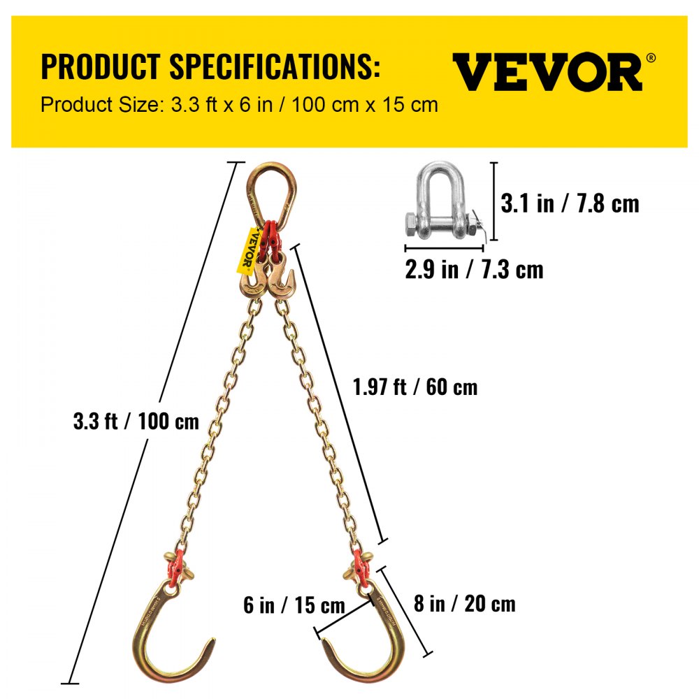 VEVOR J Hook Chain, 5/16 in x 2 ft Tow Chain Bridle, Grade 80 J Hook Transport Chain, 9260 Lbs Break Strength with JT Hook & Grab Hook, Tow Hooks for Trucks, Heavy Duty J Hook and Chain Shorteners