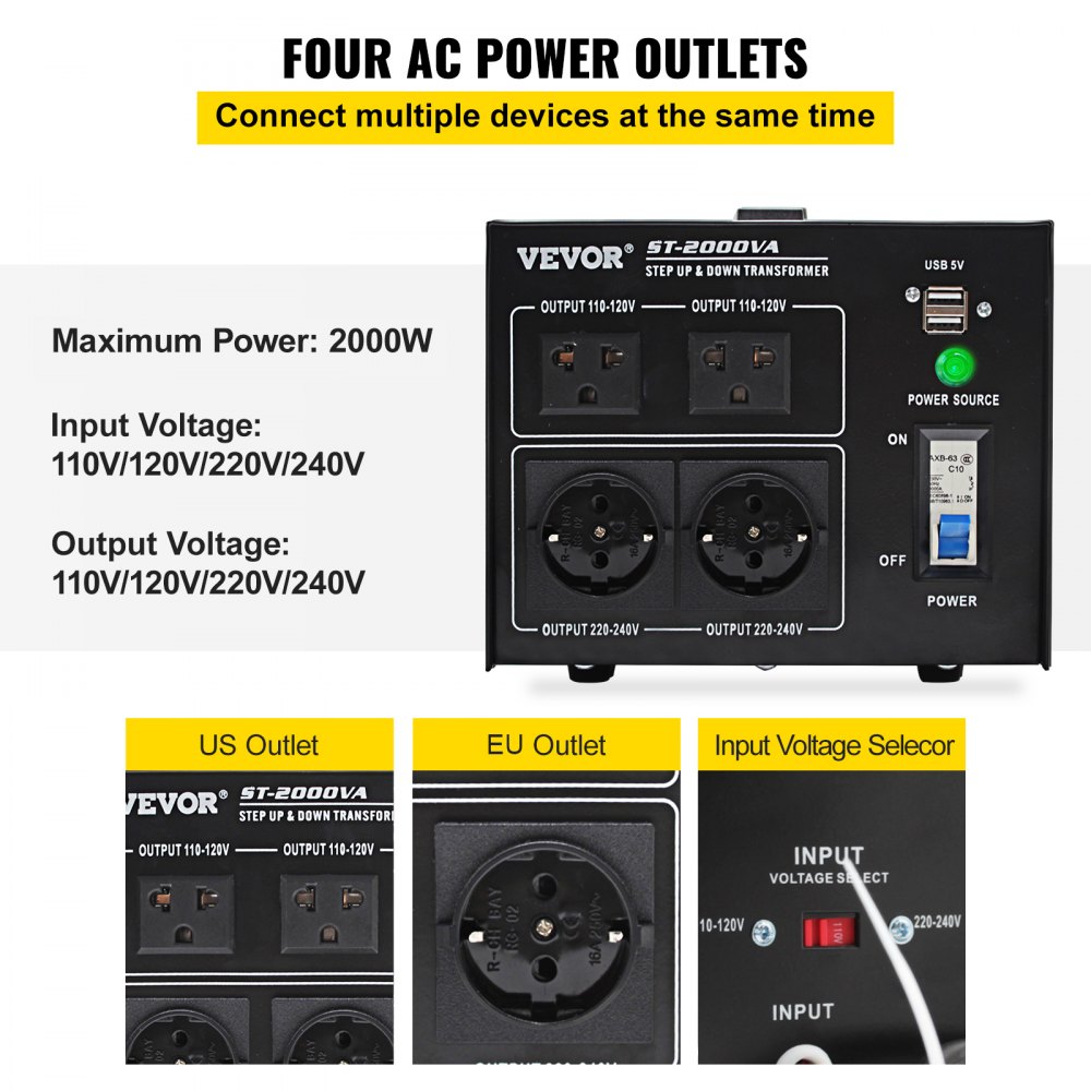 VEVOR Step Up Down Transformer Voltage Converter 2000W 240V-110V 110V-240V US-UK