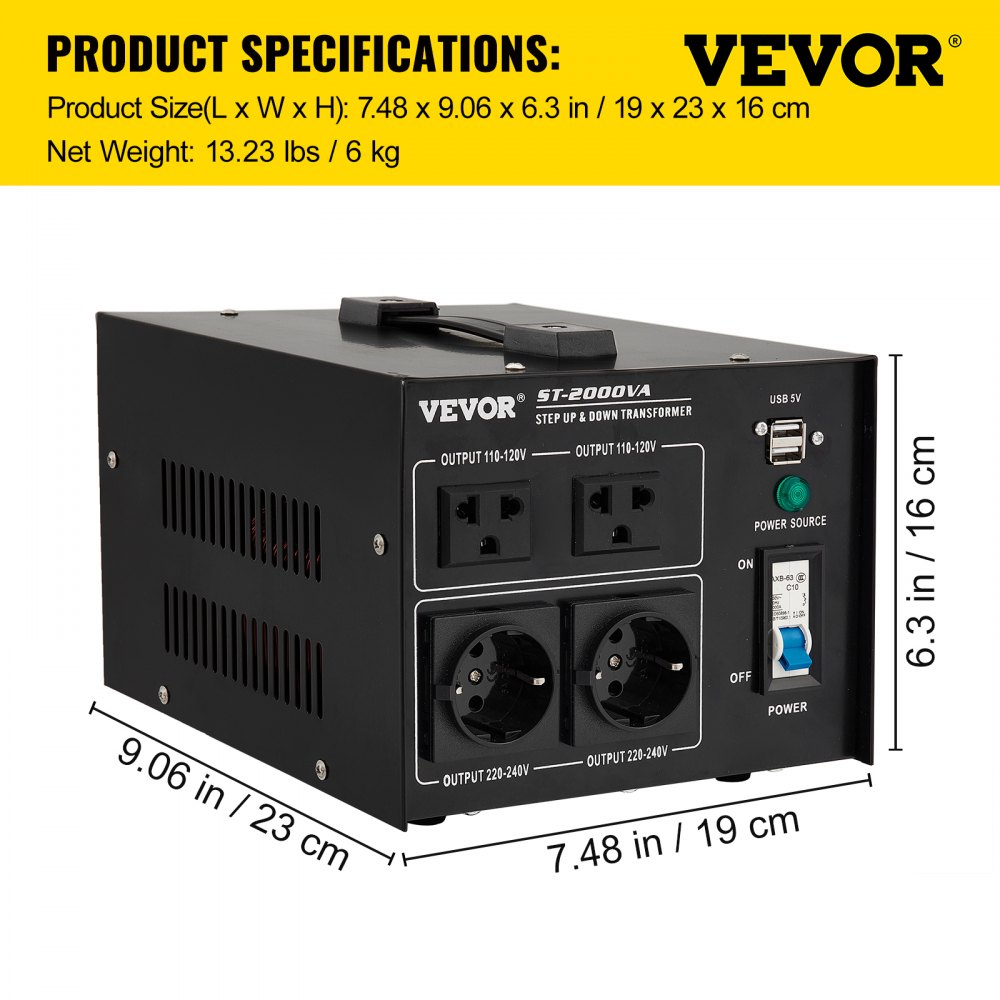 VEVOR Step Up Down Transformer Voltage Converter 2000W 240V-110V 110V-240V US-UK