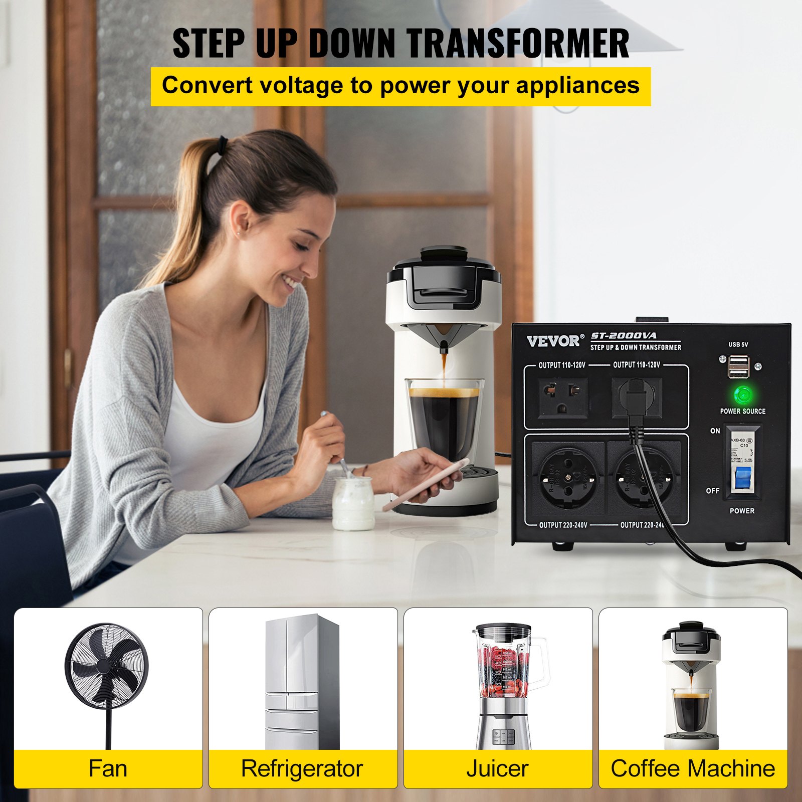 VEVOR Step Up Down Transformer Voltage Converter 2000W 240V-110V 110V-240V US-UK