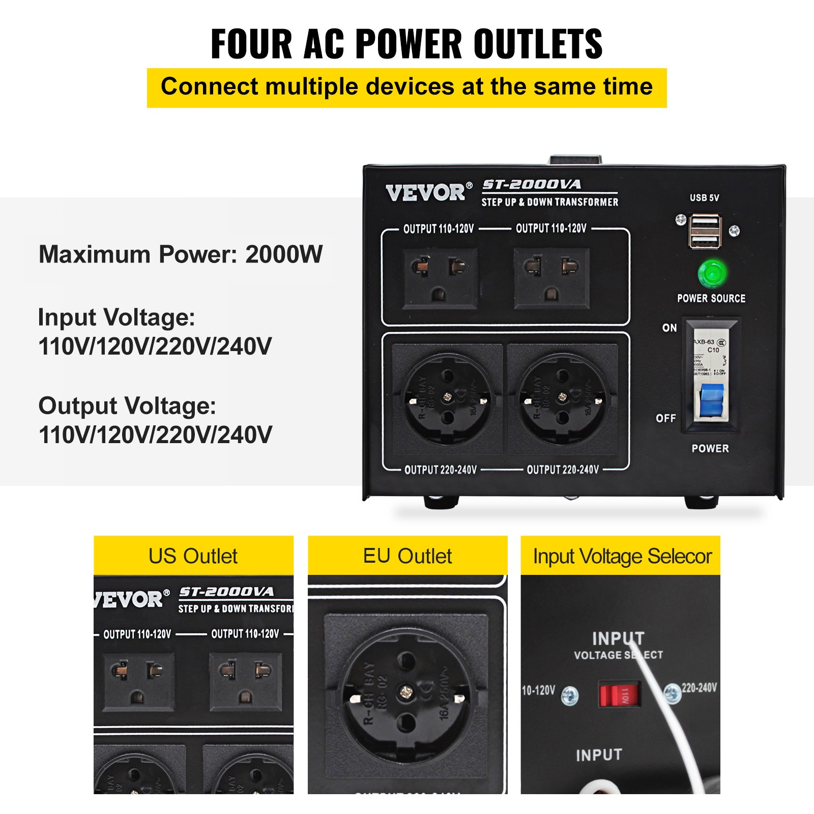 VEVOR Step Up Down Transformer Voltage Converter 2000W 240V-110V 110V-240V US-UK