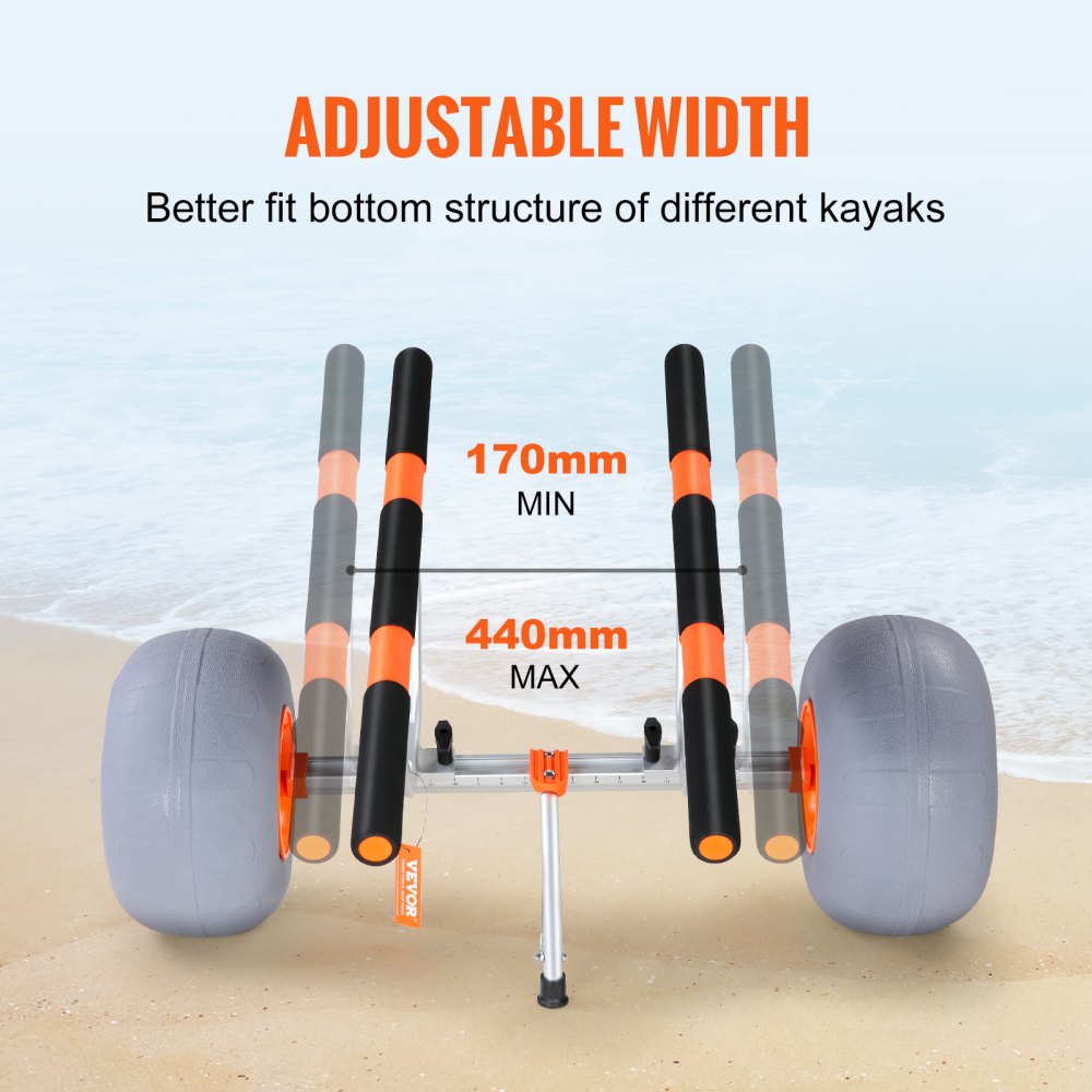 VEVOR heavy duty kayak cart with adjustable width from 170mm to 440mm on a beach background.