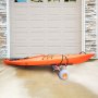 orange kayak on VEVOR heavy duty kayak cart with gray wheels, parked in front of a garage door.