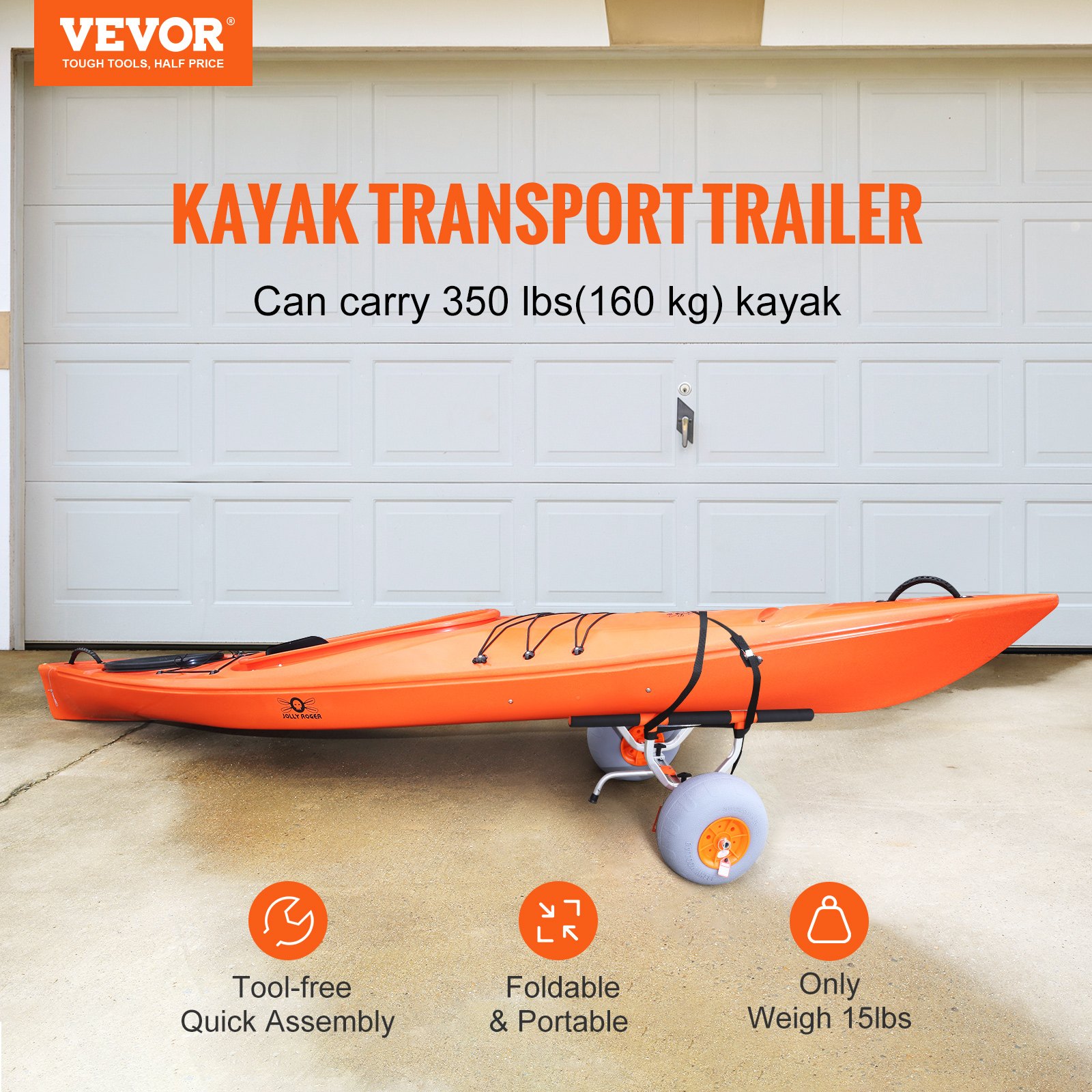 orange VEVOR heavy duty kayak cart carrying a kayak in front of a garage door, supports 350 lbs.