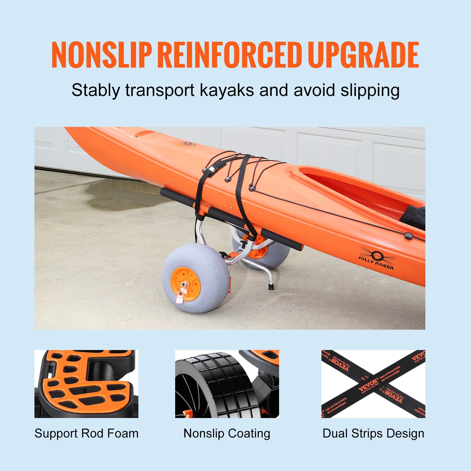VEVOR heavy duty kayak cart holding orange kayak with nonslip coating and support rod foam.