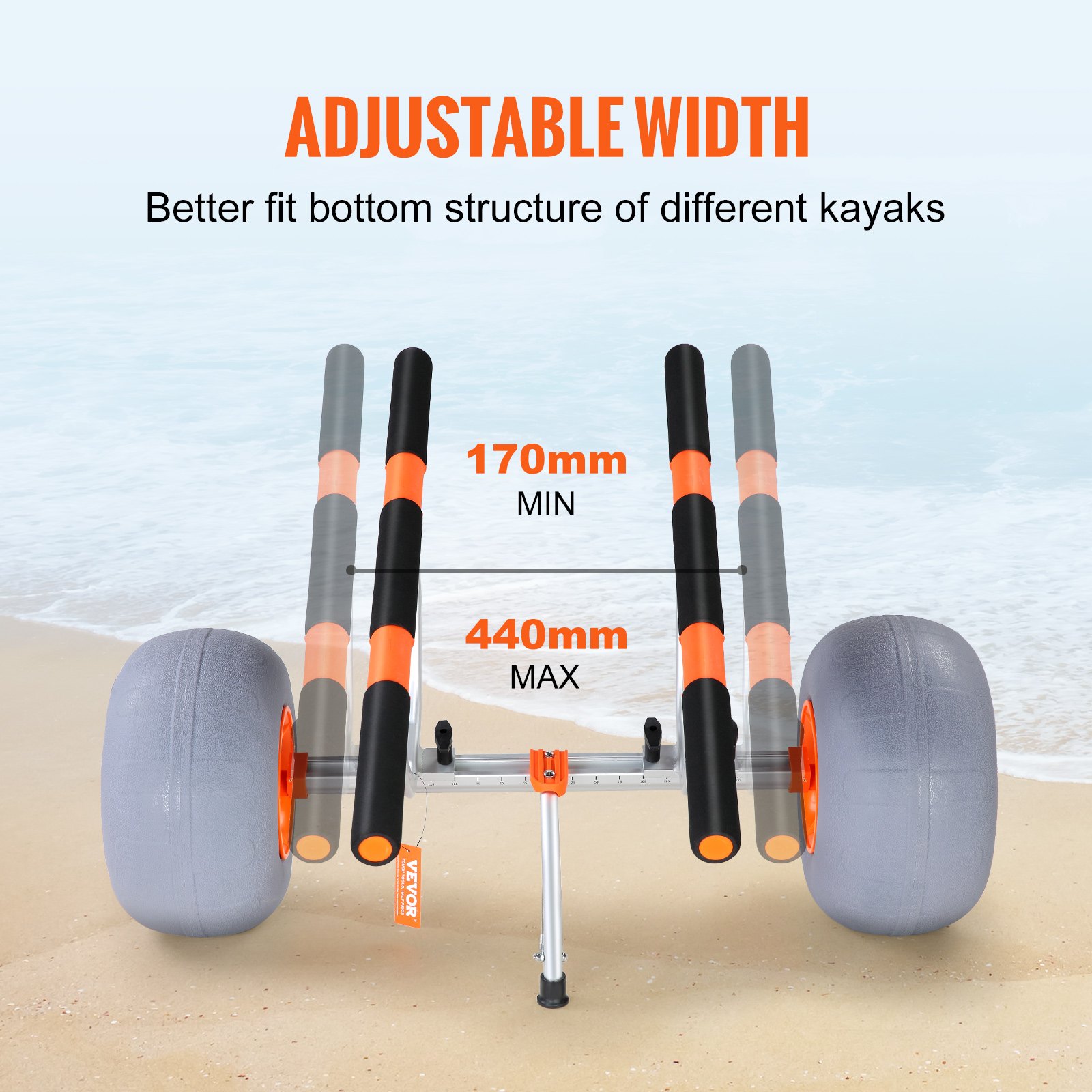 VEVOR heavy duty kayak cart with adjustable width from 170mm to 440mm on a beach background.