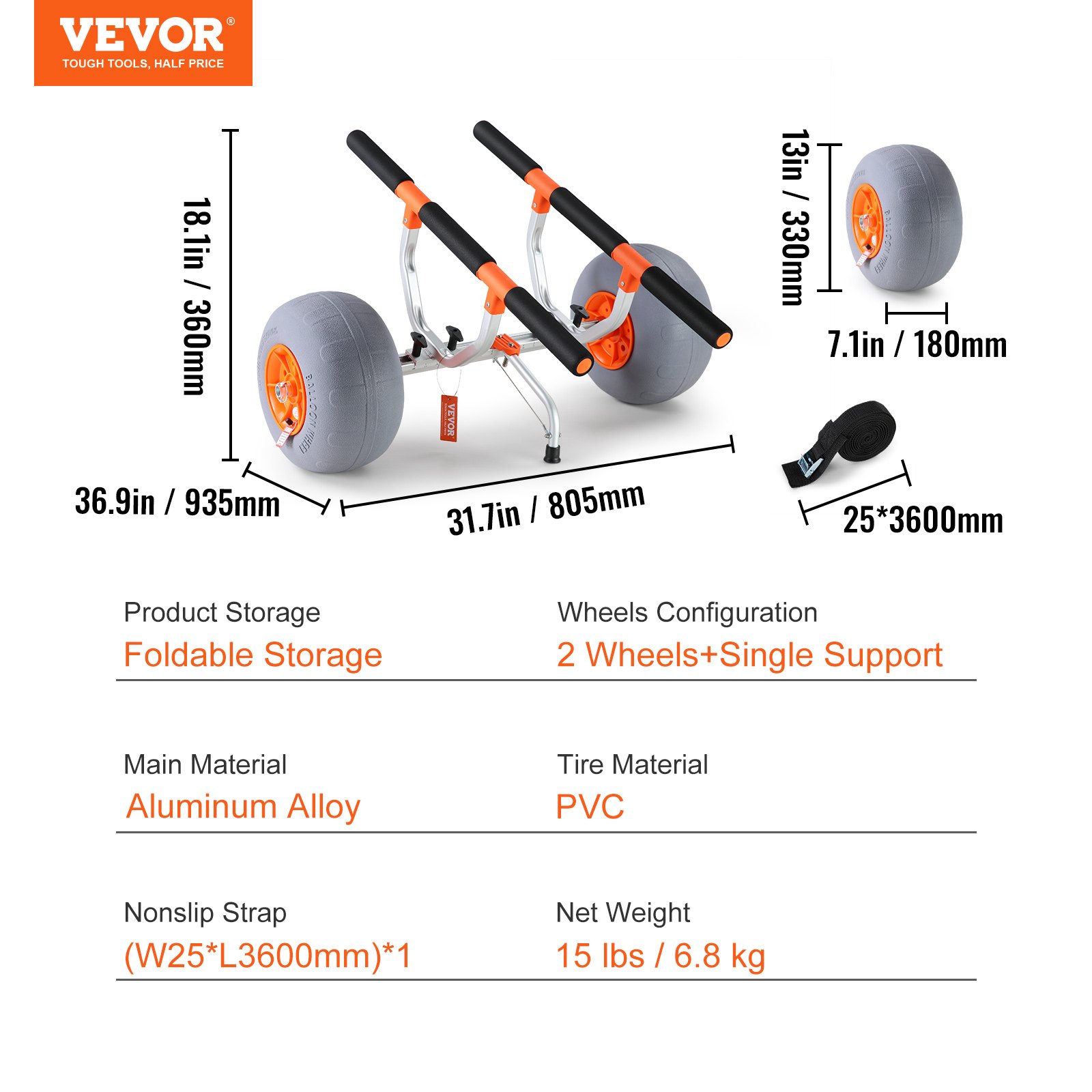 VEVOR heavy duty kayak cart with foldable aluminum frame, pvc tires, nonslip strap, and 2-wheel support.