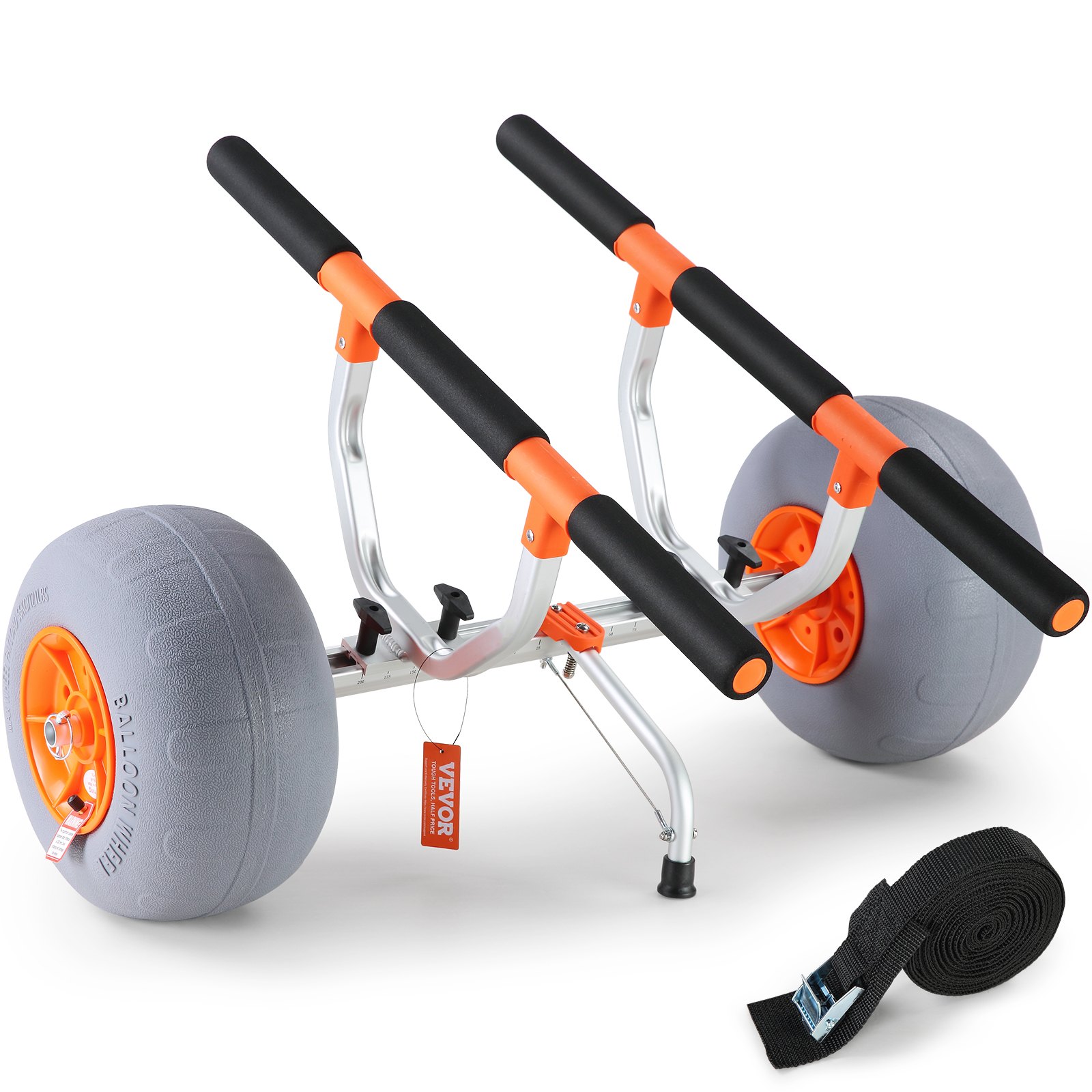 VEVOR heavy duty kayak cart with large gray wheels, orange accents, and black padded handles.