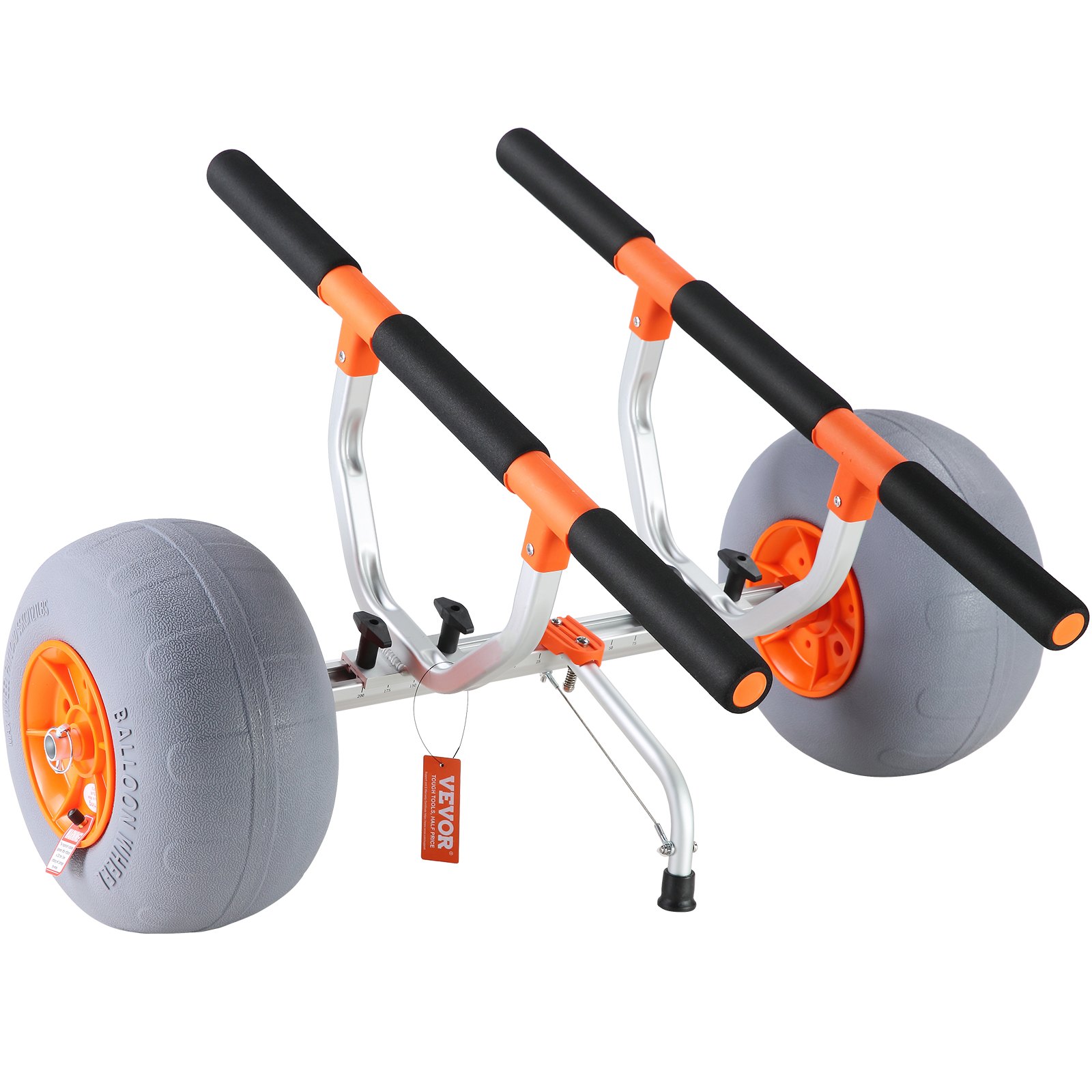 VEVOR heavy duty kayak cart with large gray balloon wheels, orange accents, and foam padded handles.