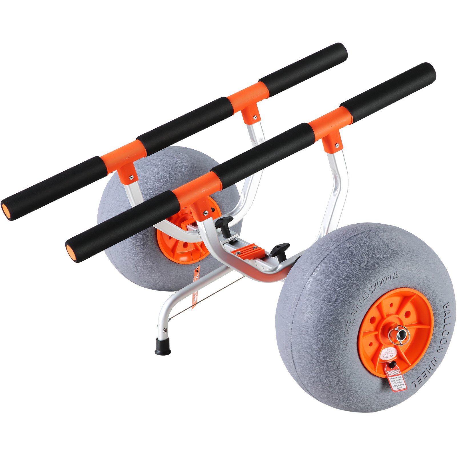orange and black VEVOR heavy duty kayak cart with large gray balloon tires and sturdy aluminum frame.
