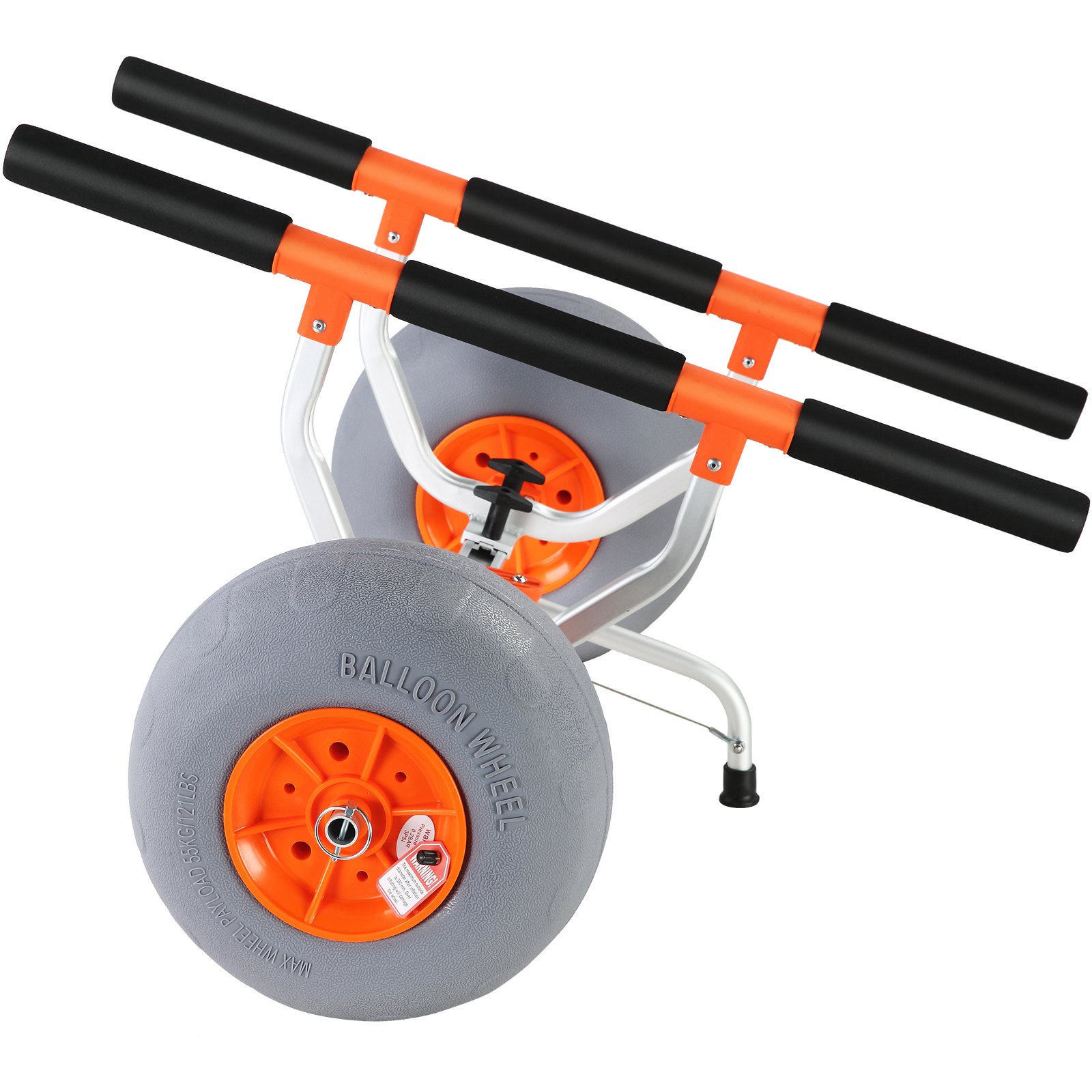 VEVOR heavy duty kayak cart with large balloon wheels, orange and black padded handles, sturdy frame.