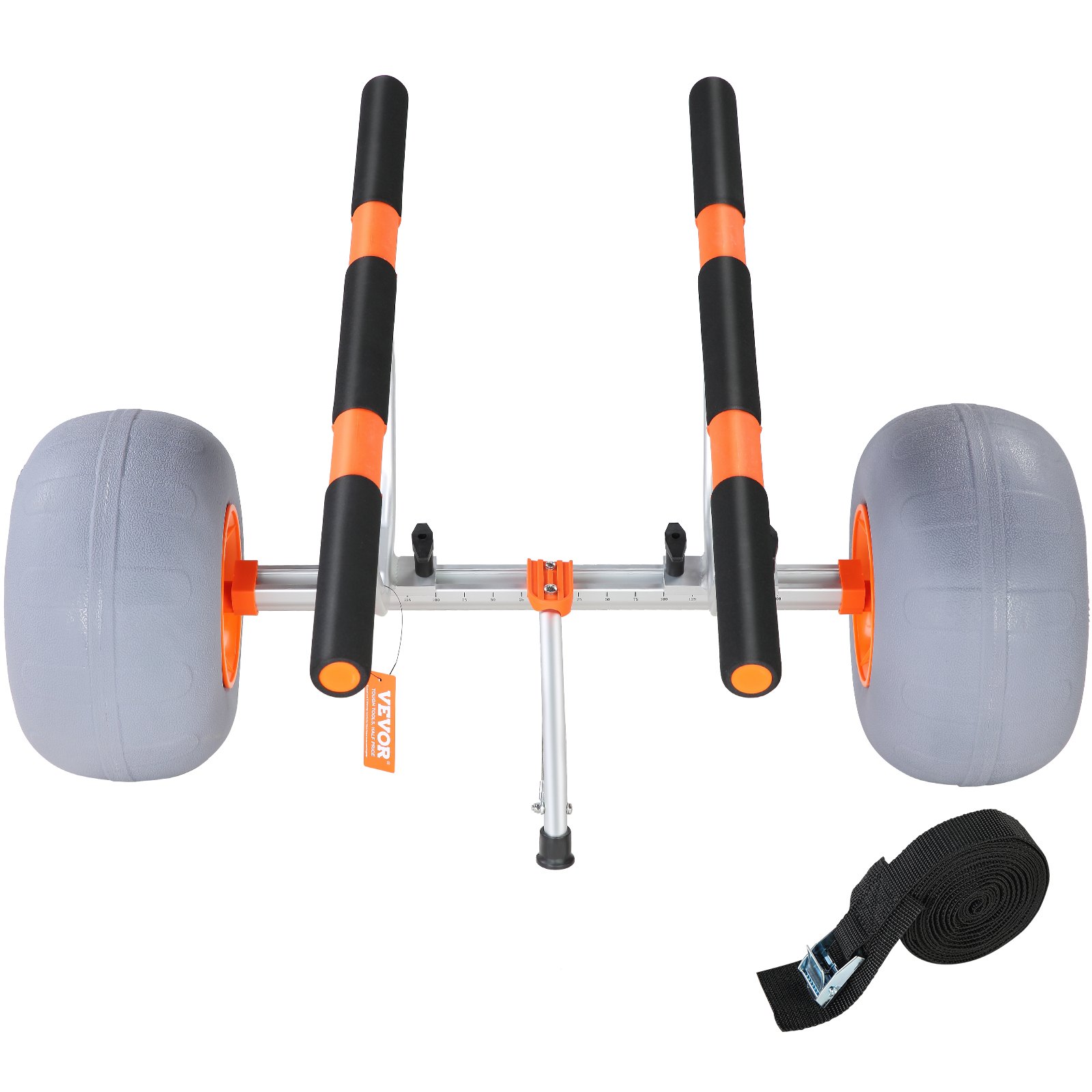VEVOR heavy duty kayak cart with two large foam tires, padded arms, and a black securing strap.
