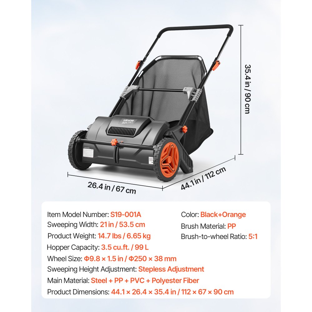 VEVOR Push Lawn Sweeper, 21inch Leaf & Grass Collector, Strong Plastic Wheels & Heavy Duty Thickened Steel Durable to Use with Large Capacity 3.5 cu. ft. Mesh Collection Hopper Bag, 2 Spinning Brushes