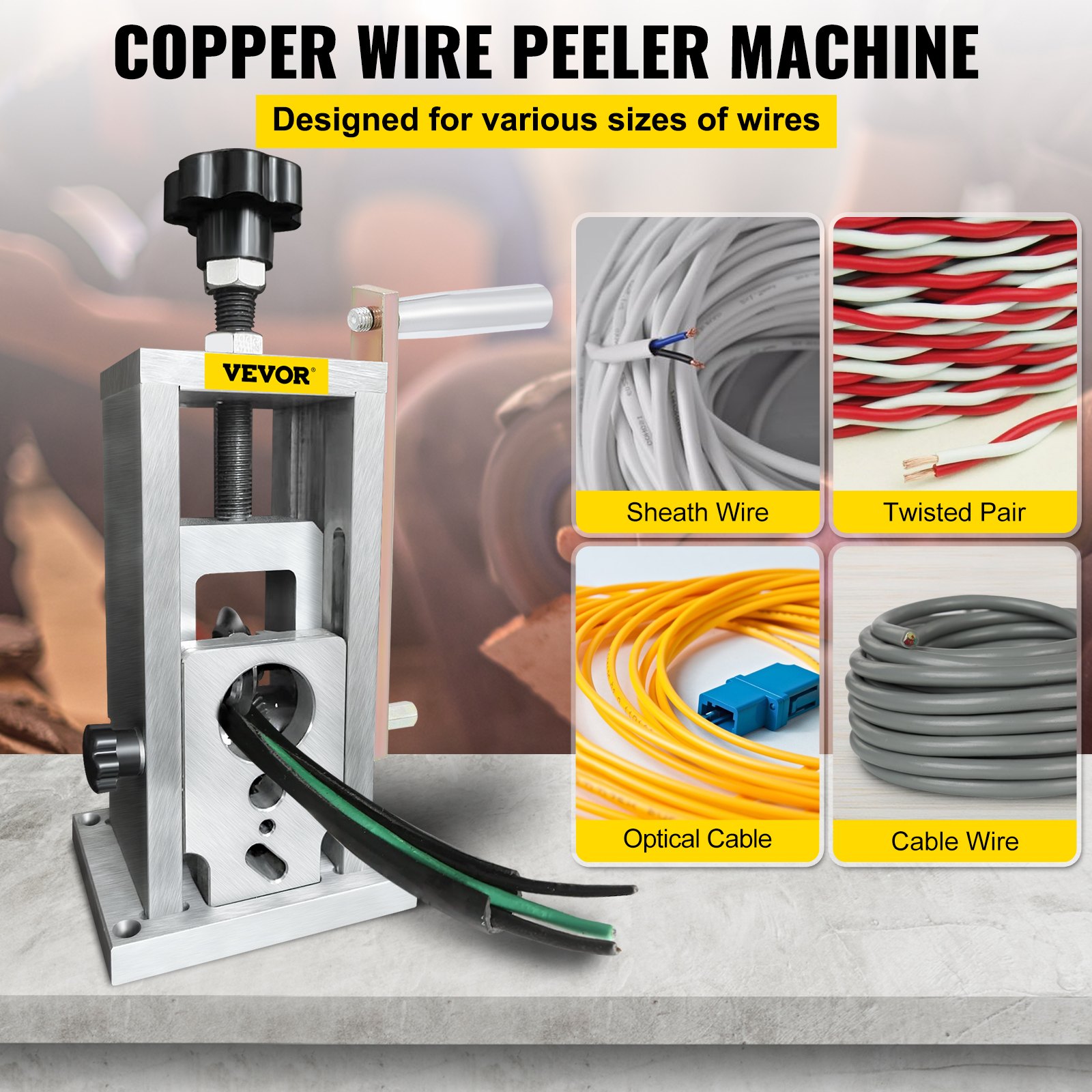 VEVOR wire stripping machine with handle and various wire types including sheath wire, twisted pair, optical cable, and cable wire.