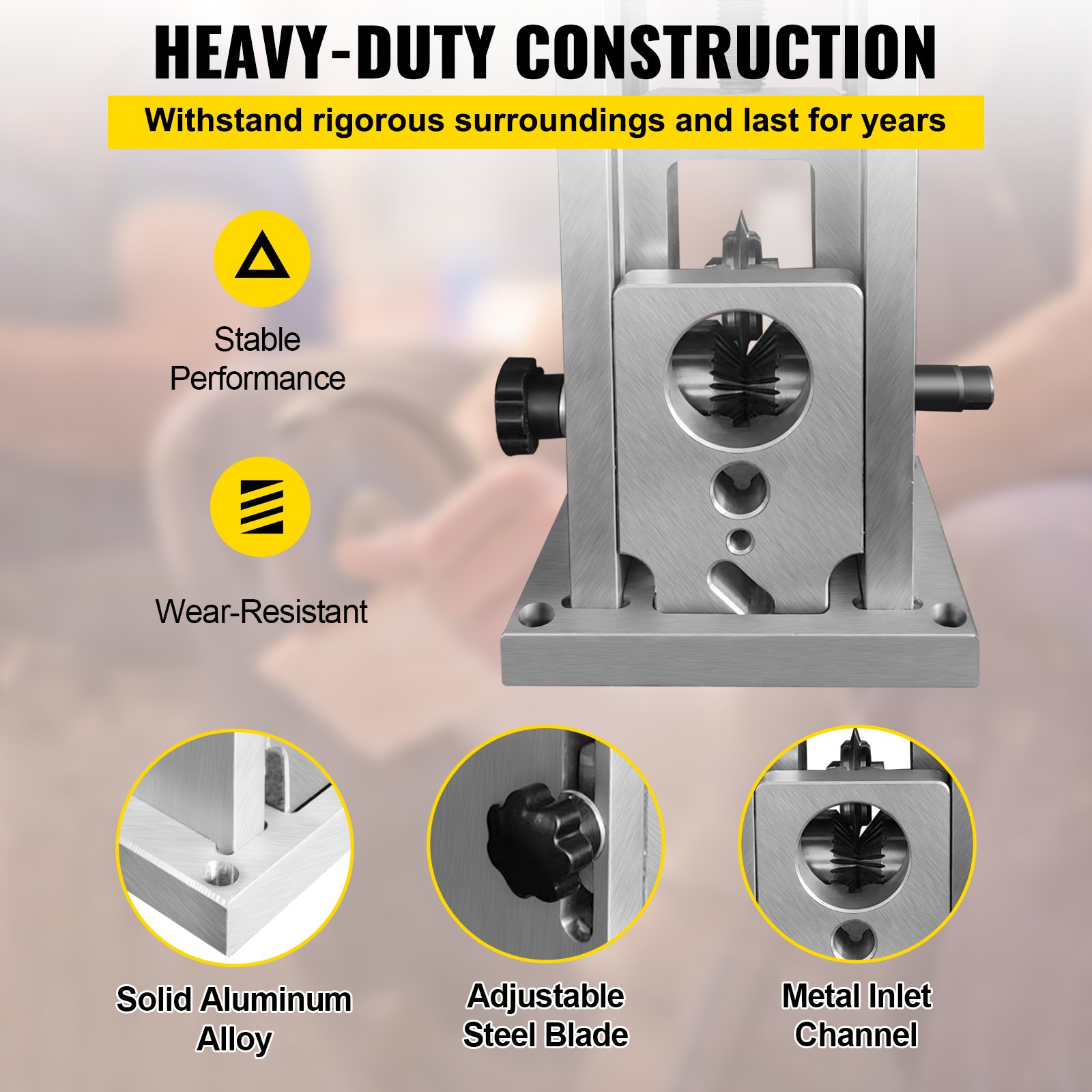 heavy-duty VEVOR wire stripping machine with solid aluminum alloy, adjustable steel blade, and metal inlet channel.