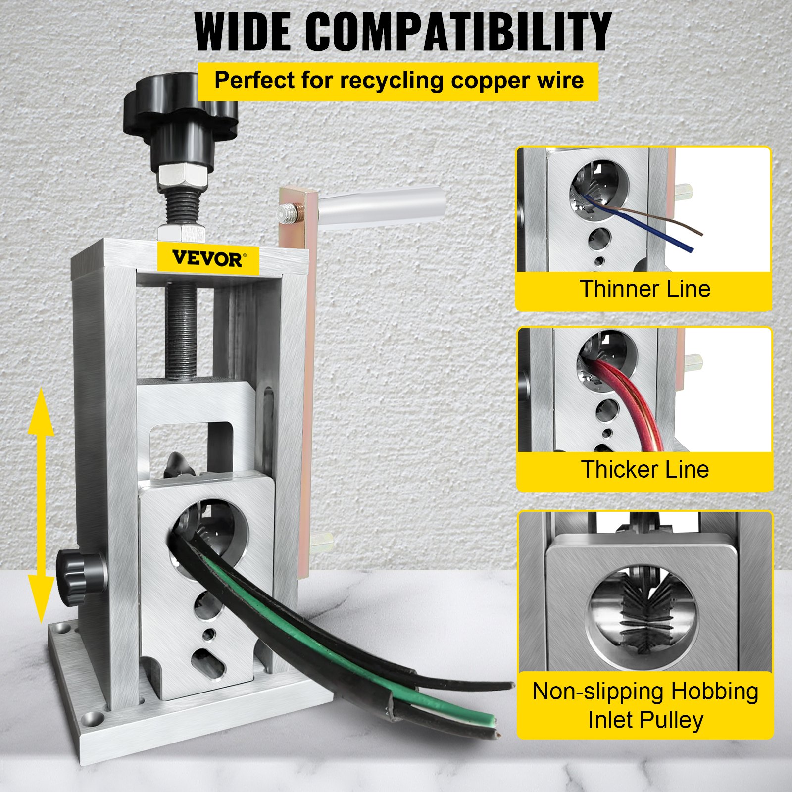 VEVOR wire stripping machine for recycling copper wires with thinner and thicker line options.