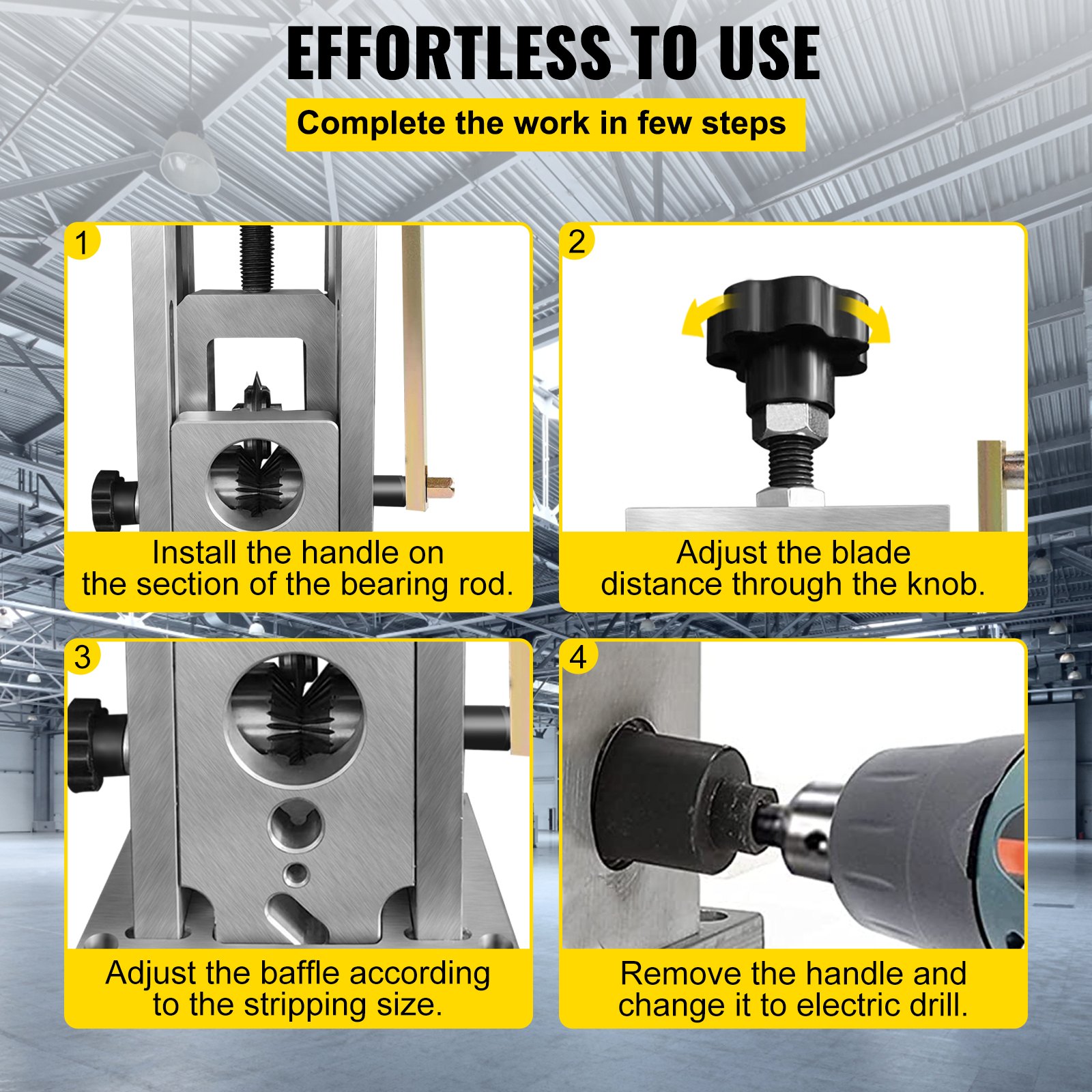 VEVOR wire stripping machine tutorial with four setup steps for effortless use in an industrial setting.