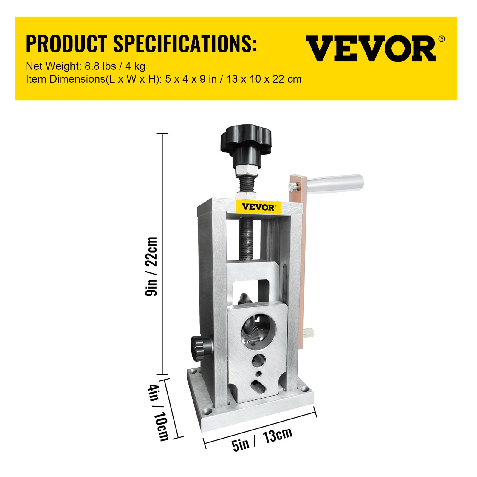VEVOR wire stripping machine with dimensions and weight specifications shown. compact, sturdy design.