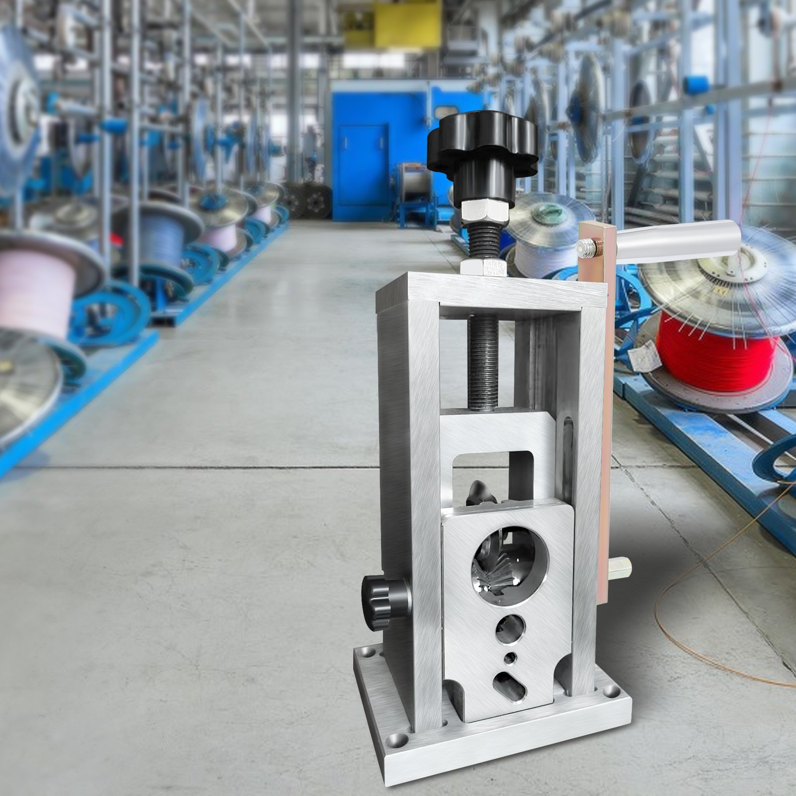 VEVOR wire stripping machine in an industrial workshop with spools of various colored wires in the background.