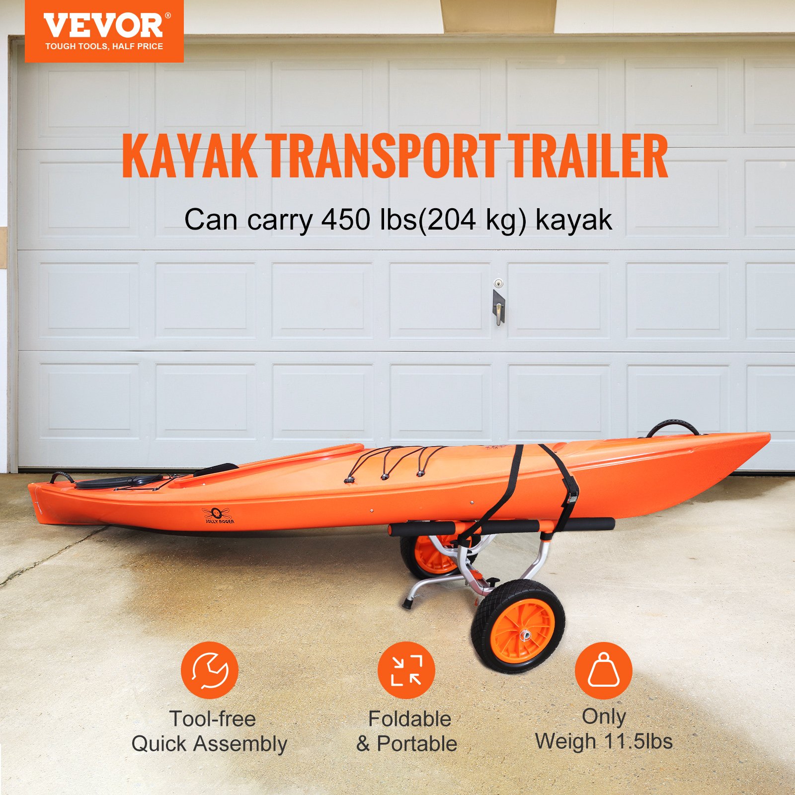 VEVOR kayak cart with orange kayak, 450 lbs capacity, quick assembly, foldable, portable, 11.5 lbs.