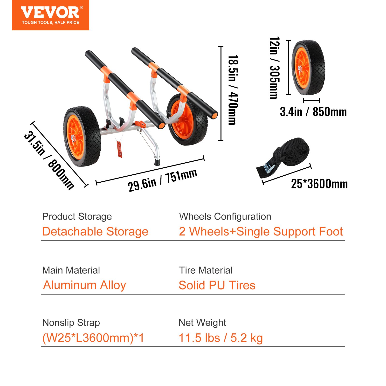 VEVOR kayak cart with detachable storage, aluminum alloy, solid pu tires, and nonslip strap.