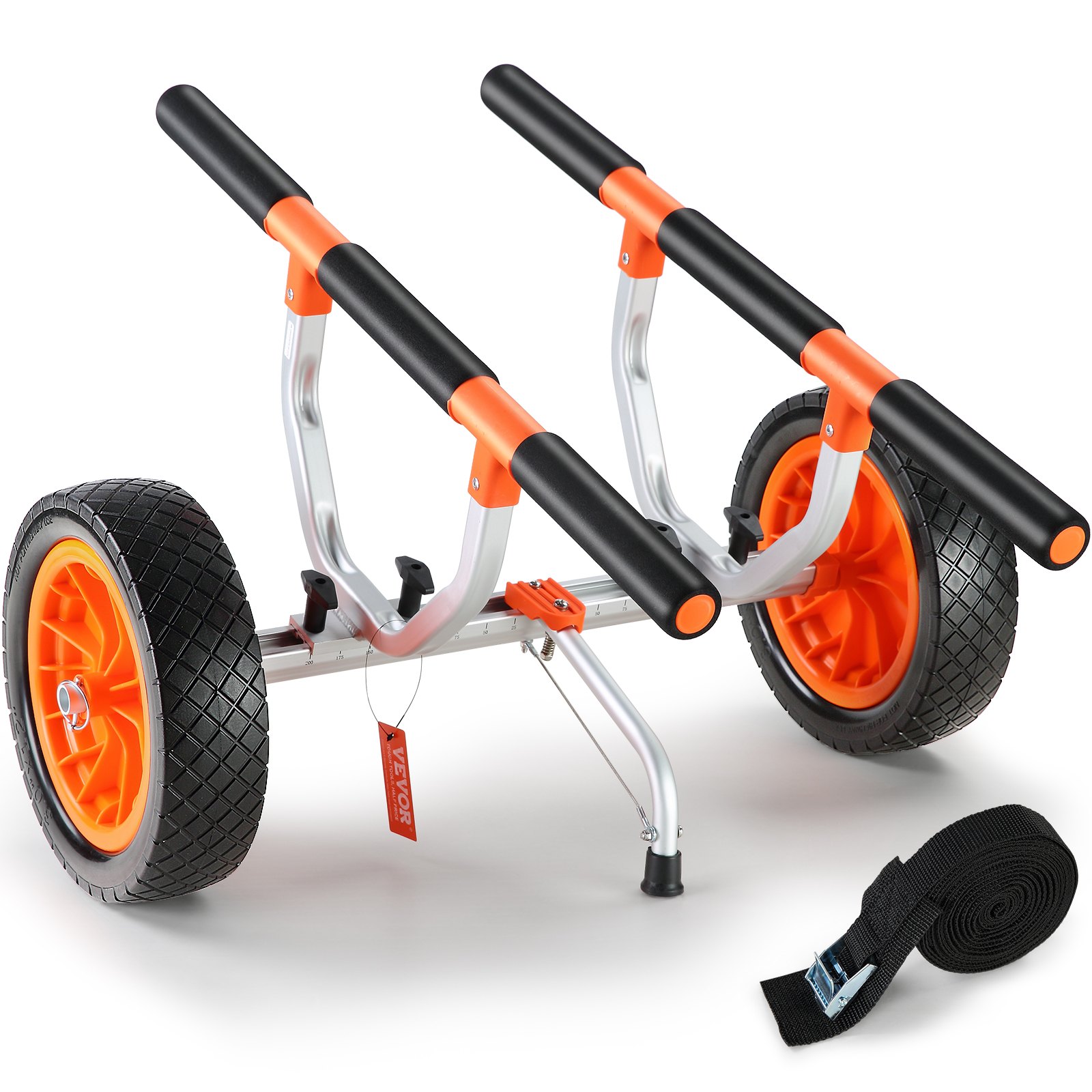 VEVOR kayak cart with orange wheels, black foam padding, and strap for secure kayak transport.