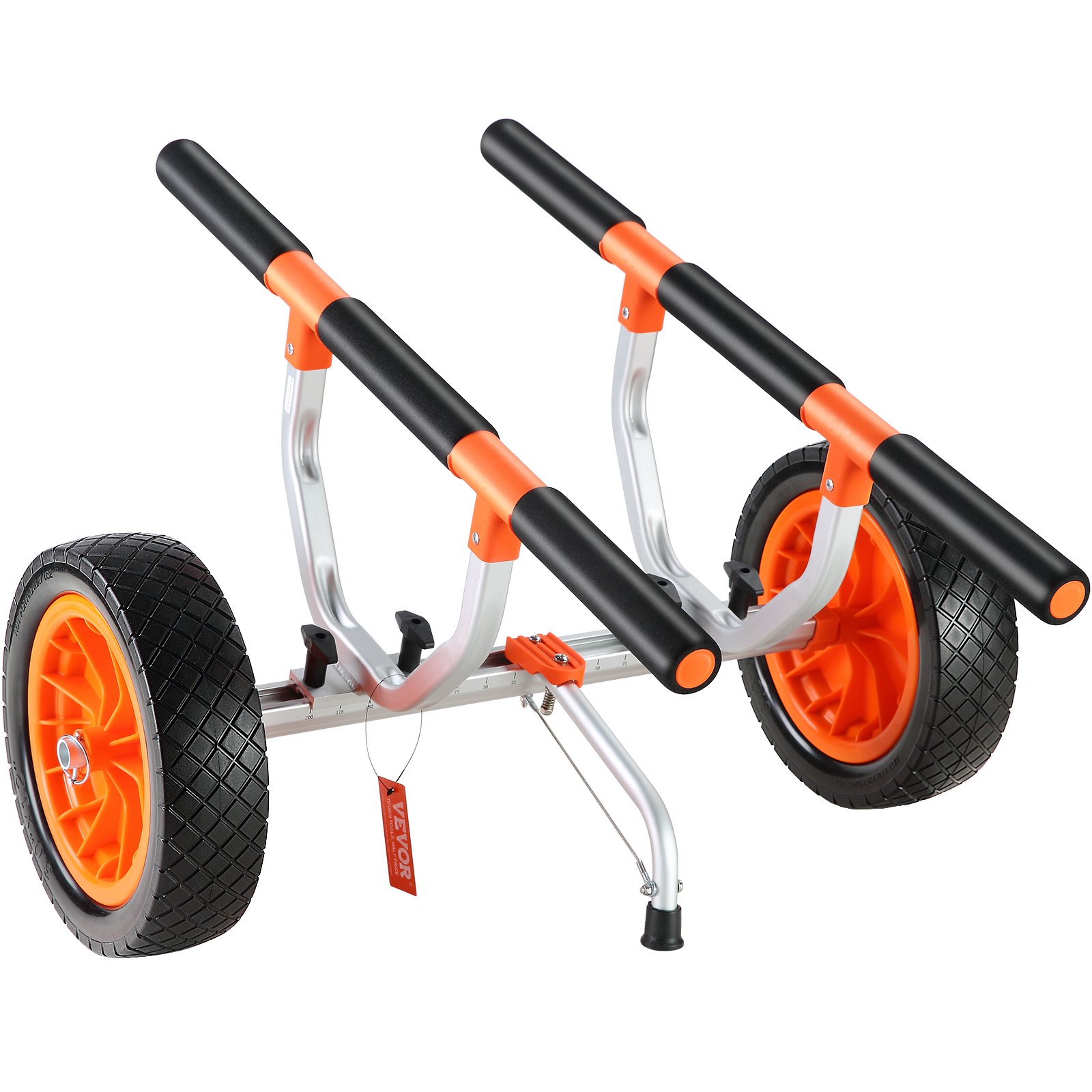 VEVOR kayak cart with orange wheels and padded supports.