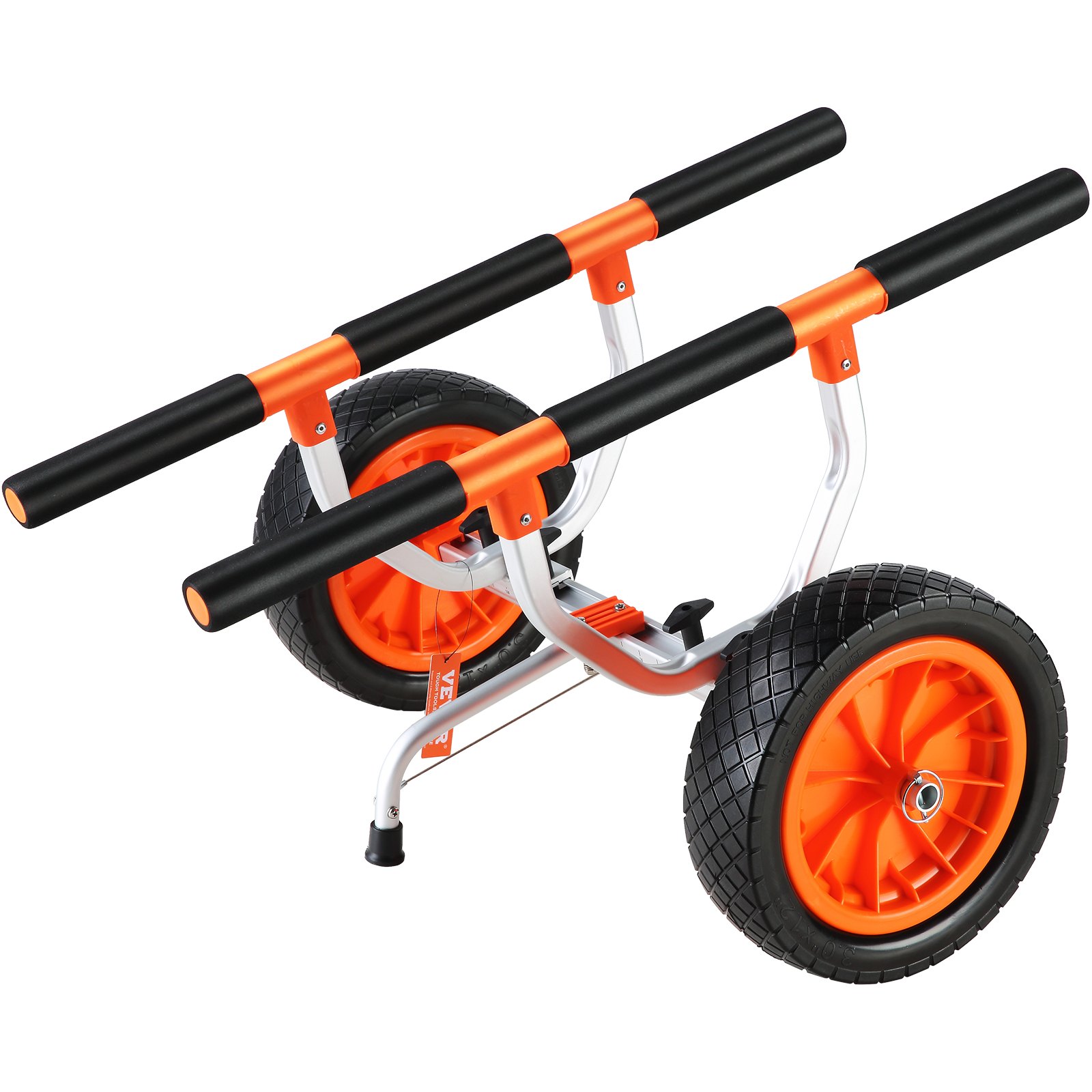VEVOR kayak cart with orange wheels and black foam padded support bars for easy kayak transportation.