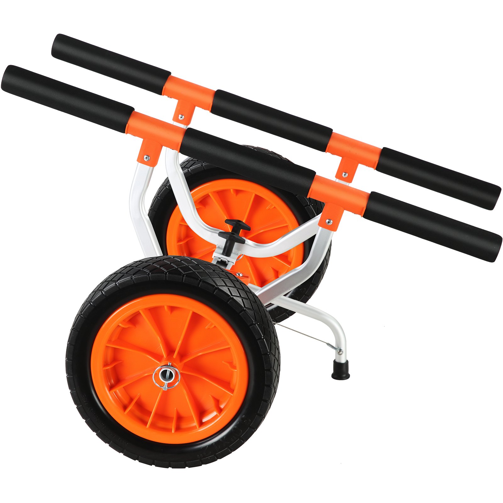 orange and black VEVOR kayak cart with large wheels and padded grip handles for easy transportation.