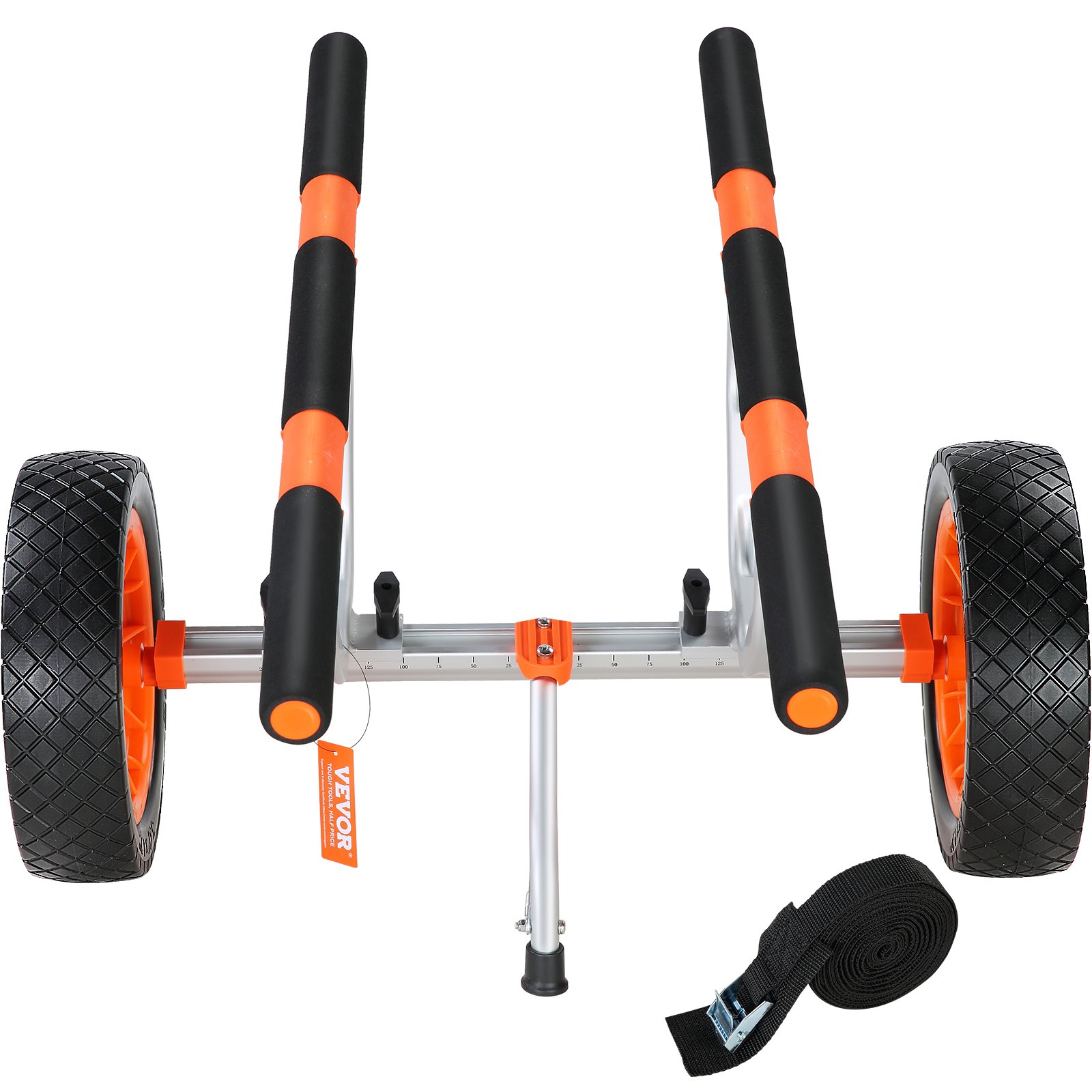 orange and black VEVOR kayak cart with large wheels, padded supports, and a securing strap.