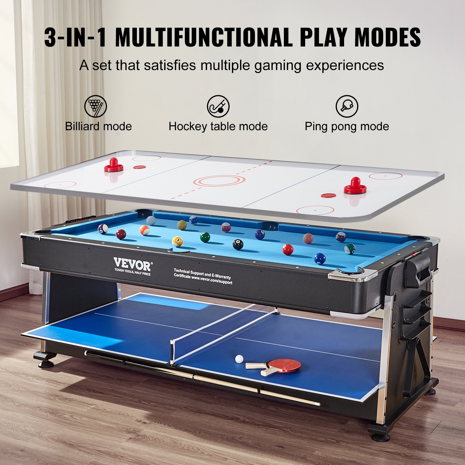 VEVOR 3-in-1 Rotating Swivel Multi Game Table with Air Hockey, Billiards/Pool, and Table Tennis, 88" Hockey Table for Game Room Family Home, Arcade Gaming Set, All Accessories For Each Game Included