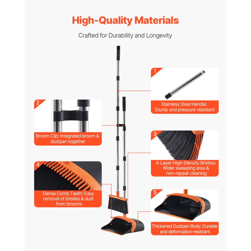 VEVOR Broom and Dustpan Set, Heavy Duty Dustpan and Broom Combo with Self-Cleaning Teeth, Metal Upright Standing Dust Pan with Long Handle, Ideal for Home, Restaurant, Office, Dorm, Black+Orange