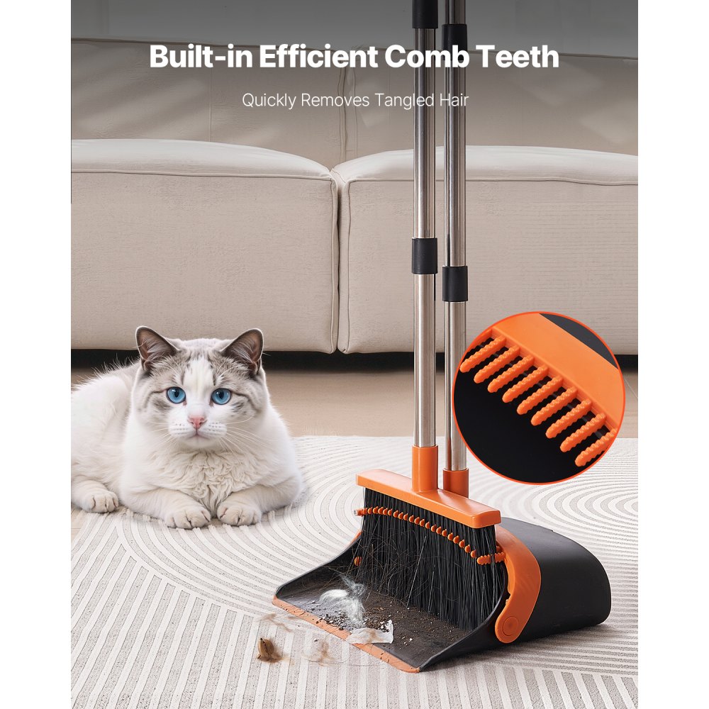 VEVOR Broom and Dustpan Set, Heavy Duty Dustpan and Broom Combo with Self-Cleaning Teeth, Metal Upright Standing Dust Pan with Long Handle, Ideal for Home, Restaurant, Office, Dorm, Black+Orange