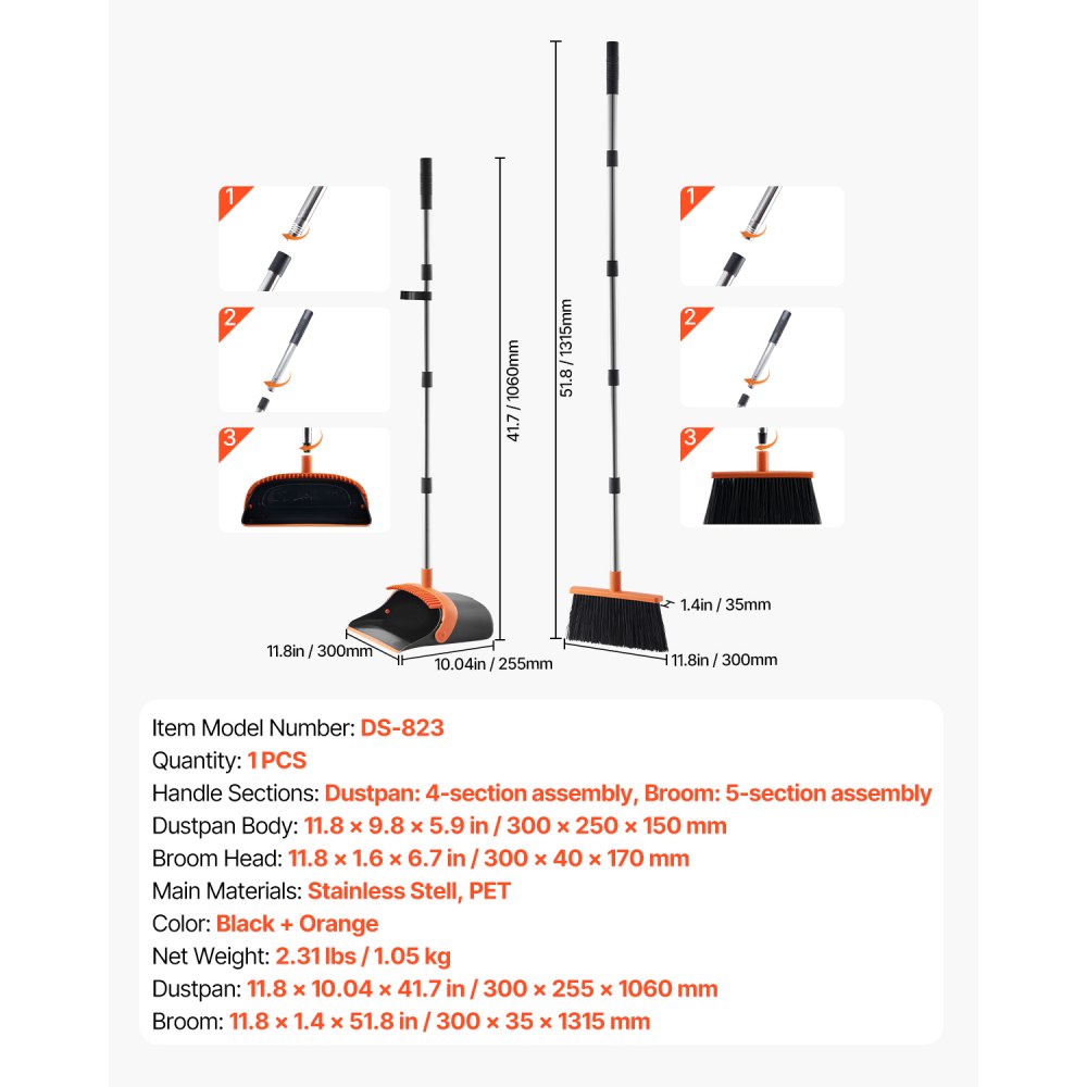 VEVOR Broom and Dustpan Set, Heavy Duty Dustpan and Broom Combo with Self-Cleaning Teeth, Metal Upright Standing Dust Pan with Long Handle, Ideal for Home, Restaurant, Office, Dorm, Black+Orange