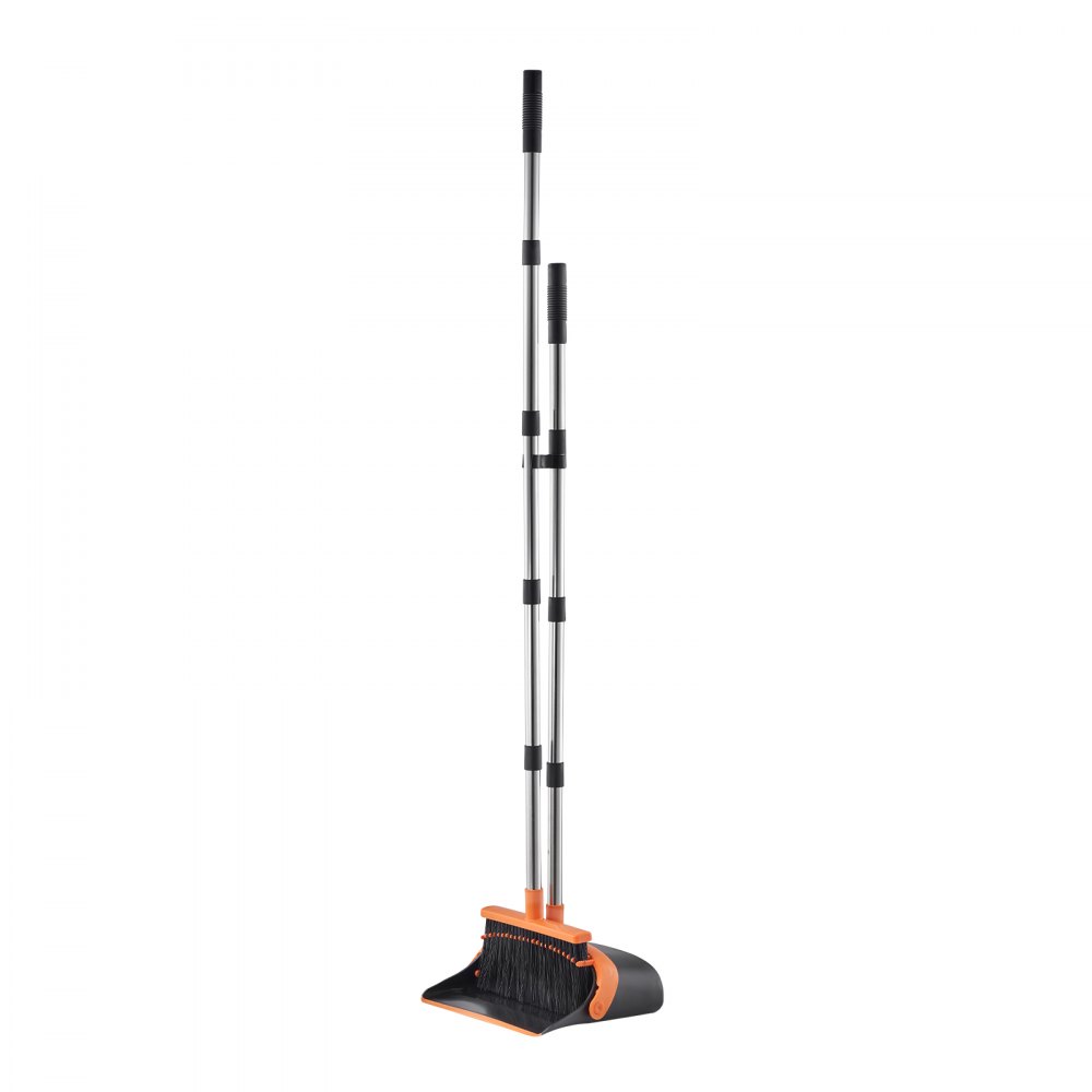 VEVOR Broom and Dustpan Set, Heavy Duty Dustpan and Broom Combo with Self-Cleaning Teeth, Metal Upright Standing Dust Pan with Long Handle, Ideal for Home, Restaurant, Office, Dorm, Black+Orange