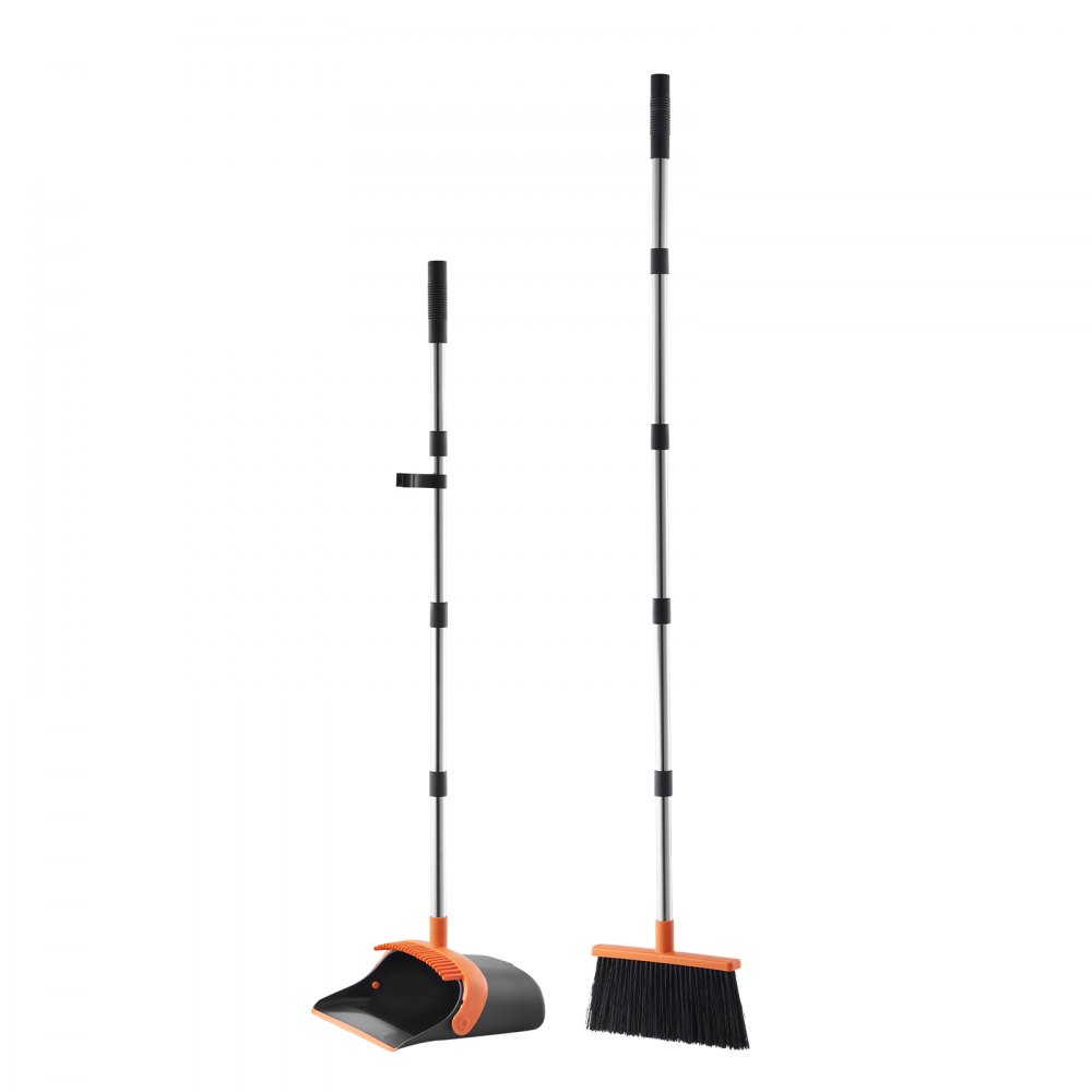 VEVOR Broom and Dustpan Set, Heavy Duty Dustpan and Broom Combo with Self-Cleaning Teeth, Metal Upright Standing Dust Pan with Long Handle, Ideal for Home, Restaurant, Office, Dorm, Black+Orange