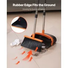 VEVOR Broom and Dustpan Set, Heavy Duty Dustpan and Broom Combo with Self-Cleaning Teeth, Metal Upright Standing Dust Pan with Long Handle, Ideal for Home, Restaurant, Office, Dorm, Black+Orange